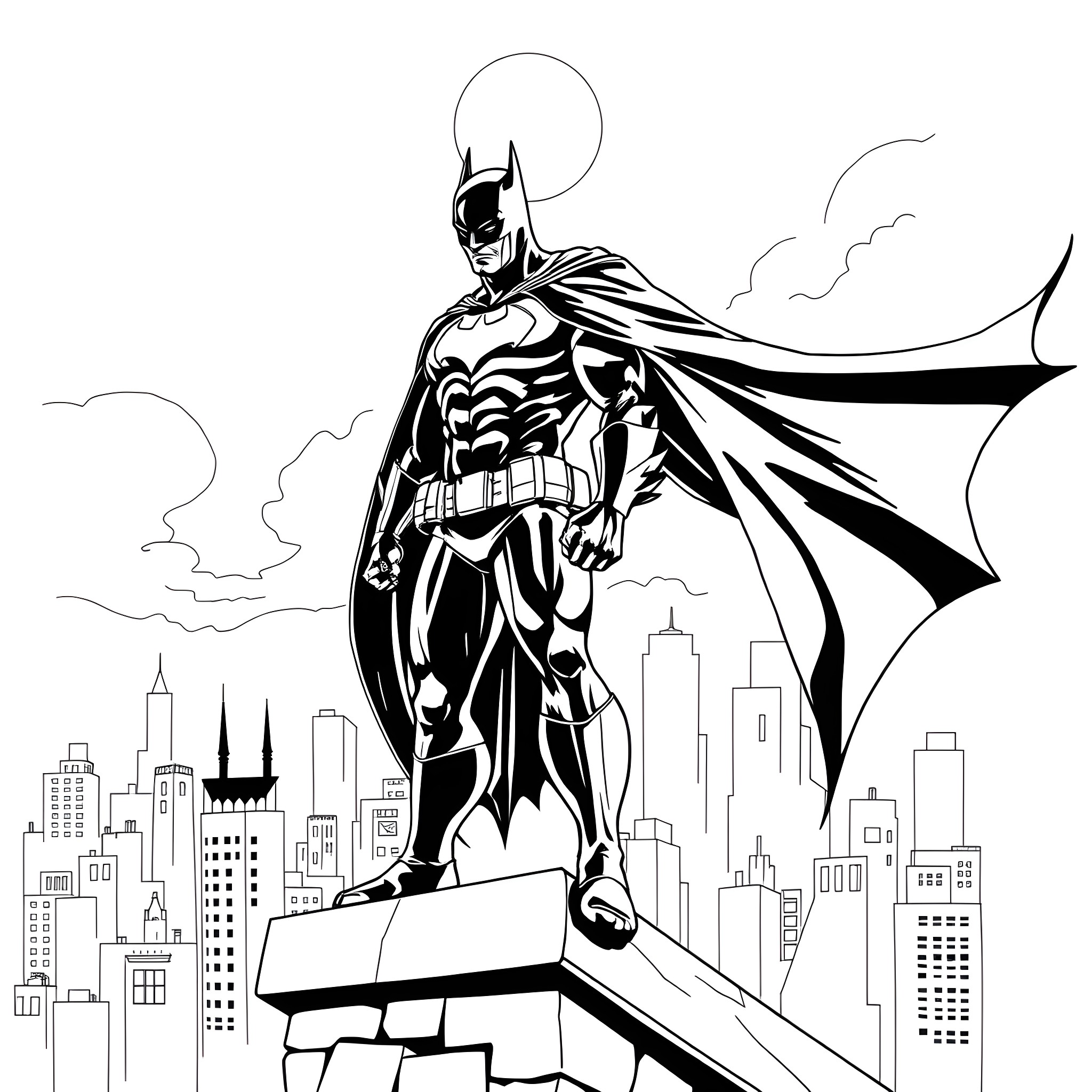 Batman on Patrol in the City Coloring Page (free black-and-white line drawing printable PDF for all, from beginners to advanced learners, including children, teens, adults, and seniors)