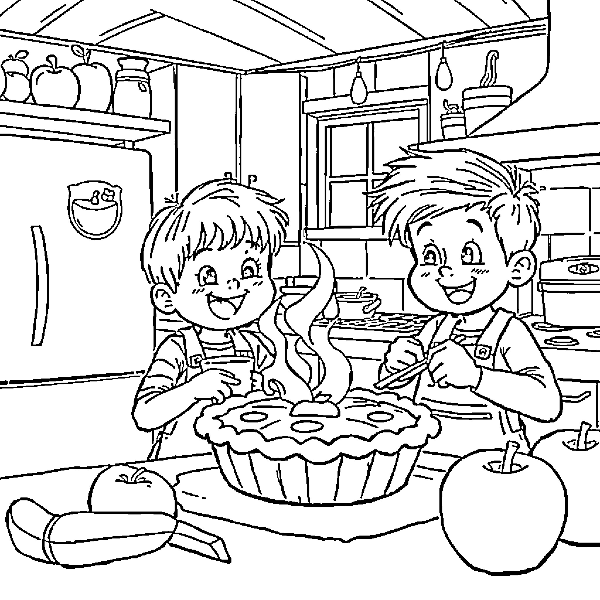 Kids enjoying a dessert in the kitchen Coloring Page (free black-and-white line drawing printable PDF for all, from beginners to advanced learners, including children, teens, adults, and seniors)
