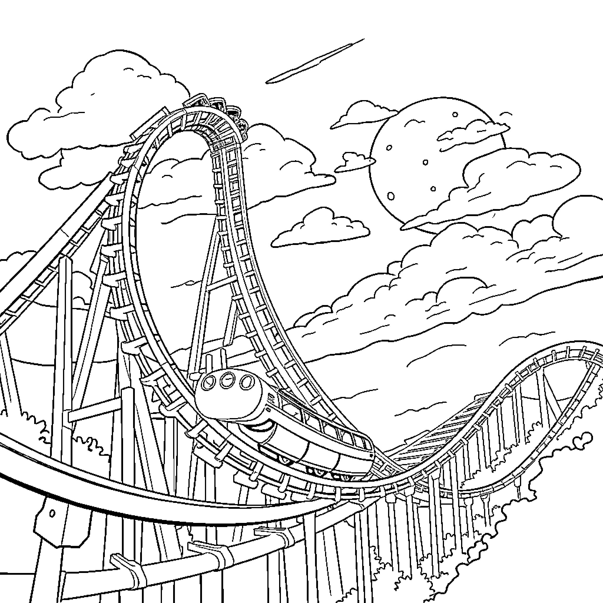Rollercoaster journey through the clouds Coloring Page (free black-and-white line drawing printable PDF for all, from beginners to advanced learners, including children, teens, adults, and seniors)