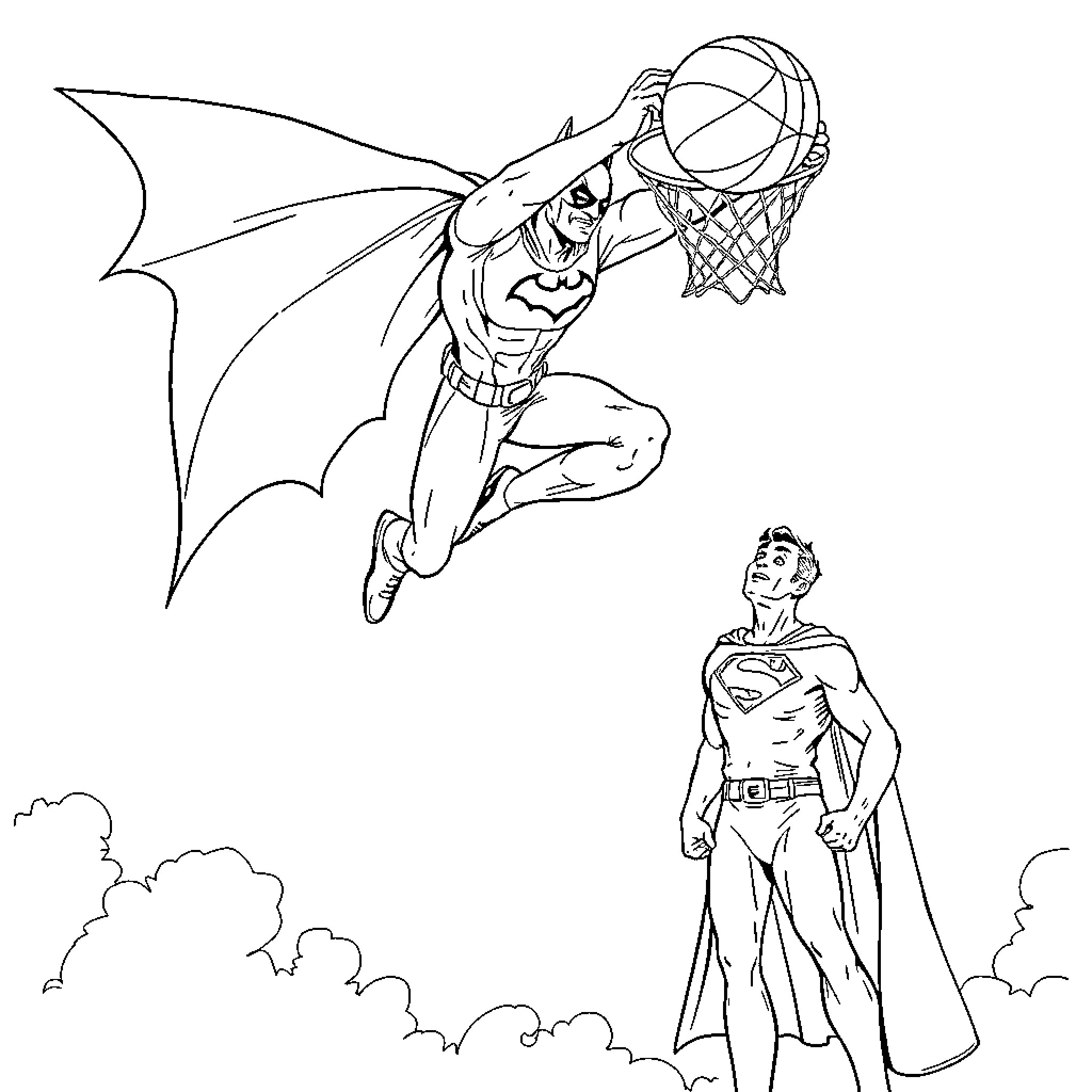 Batman dunking a basketball in the sky Coloring Page (free black-and-white line drawing printable PDF for all, from beginners to advanced learners, including children, teens, adults, and seniors)