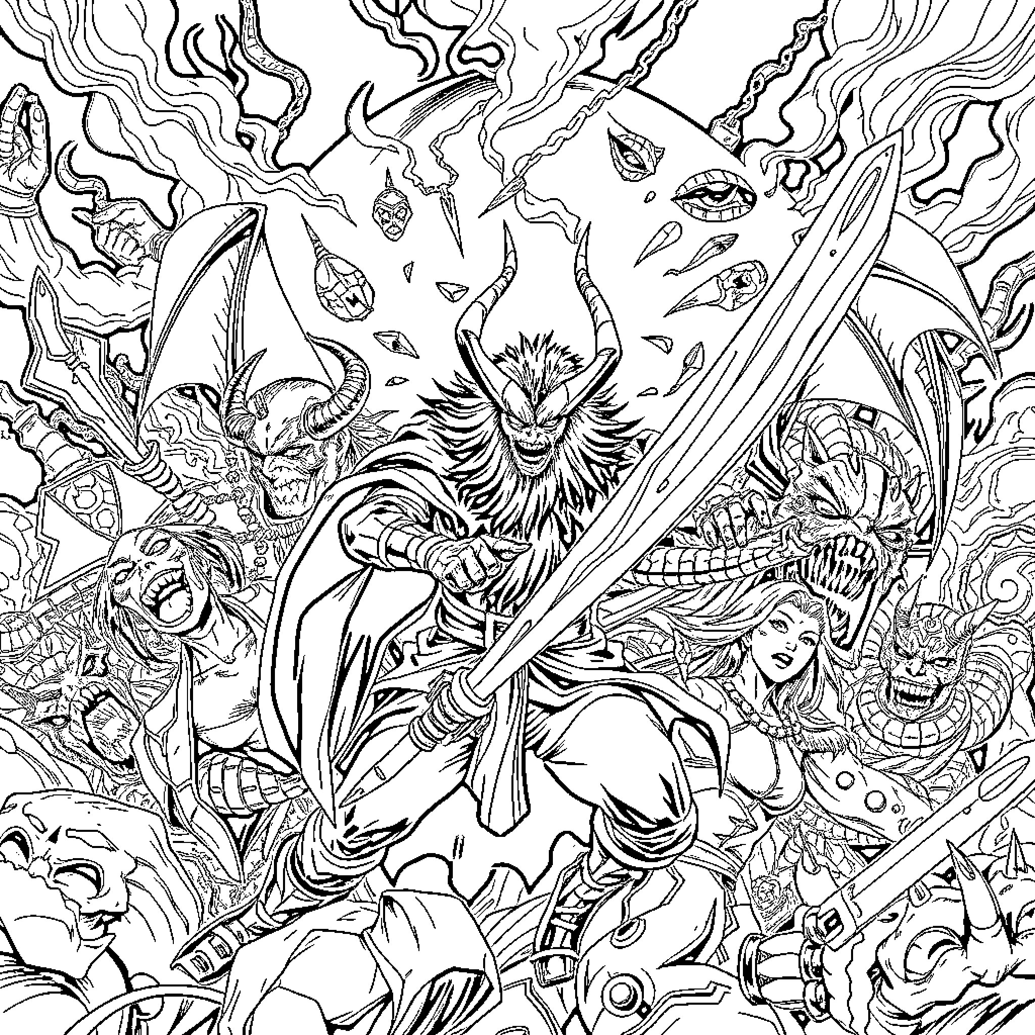 Demon Slayer: Fierce Battle Against Supernatural Foes Coloring Page (free black-and-white line drawing printable PDF for all, from beginners to advanced learners, including children, teens, adults, and seniors)