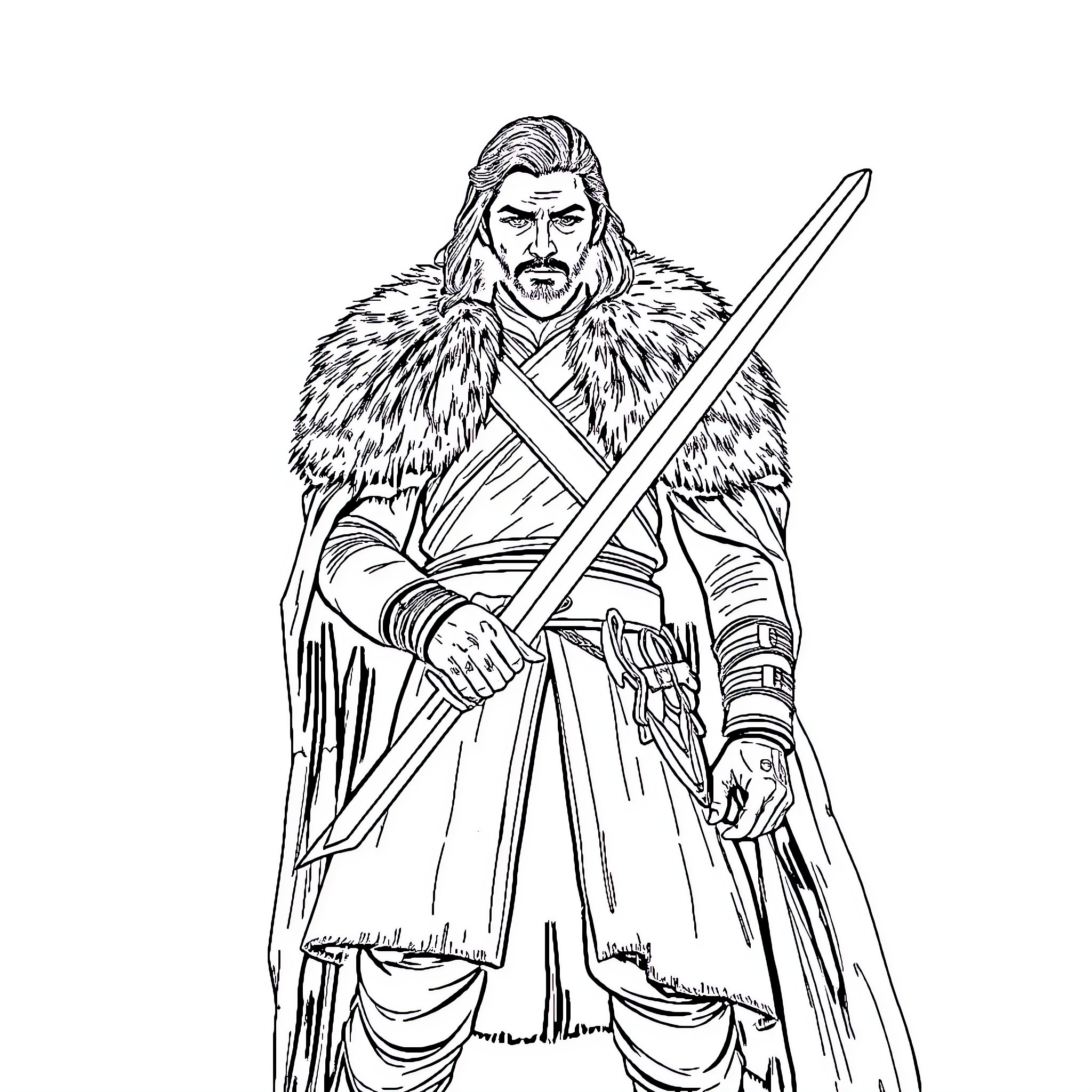 Jon Snow as a fierce northern warrior Coloring Page (free black-and-white line drawing printable PDF for all, from beginners to advanced learners, including children, teens, adults, and seniors)