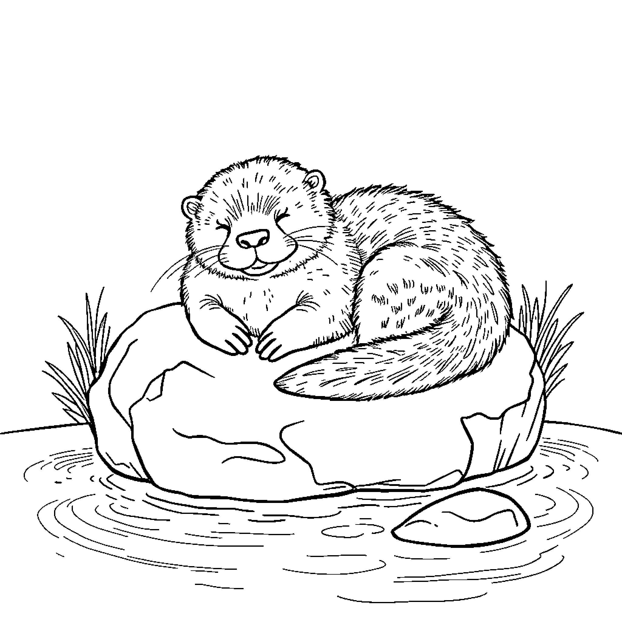 Otter resting peacefully on a rock in the water Coloring Page (free black-and-white line drawing printable PDF for all, from beginners to advanced learners, including children, teens, adults, and seniors)