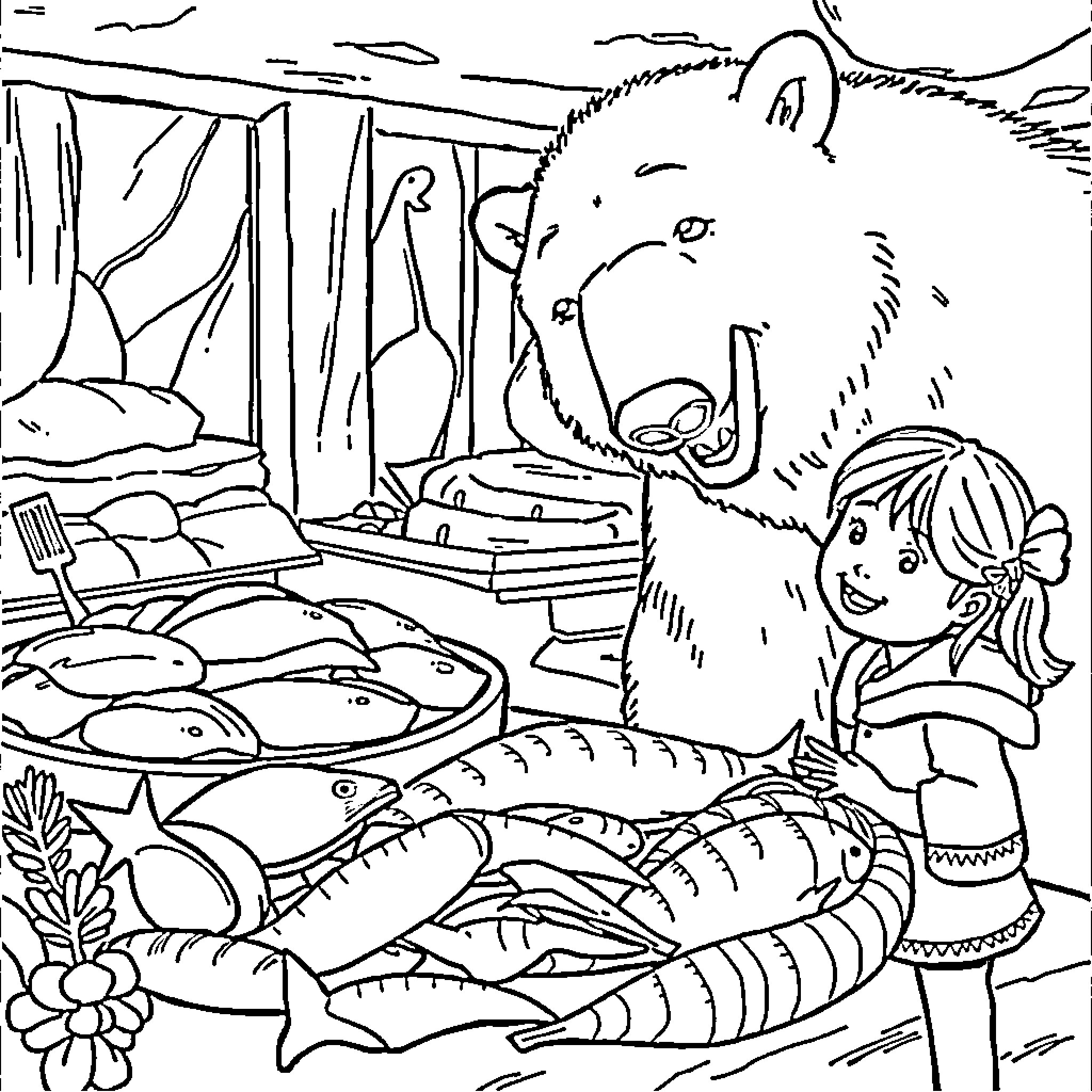 Polar Bear Exploring Fishing Hut with Girl Coloring Page (free black-and-white line drawing printable PDF for all, from beginners to advanced learners, including children, teens, adults, and seniors)
