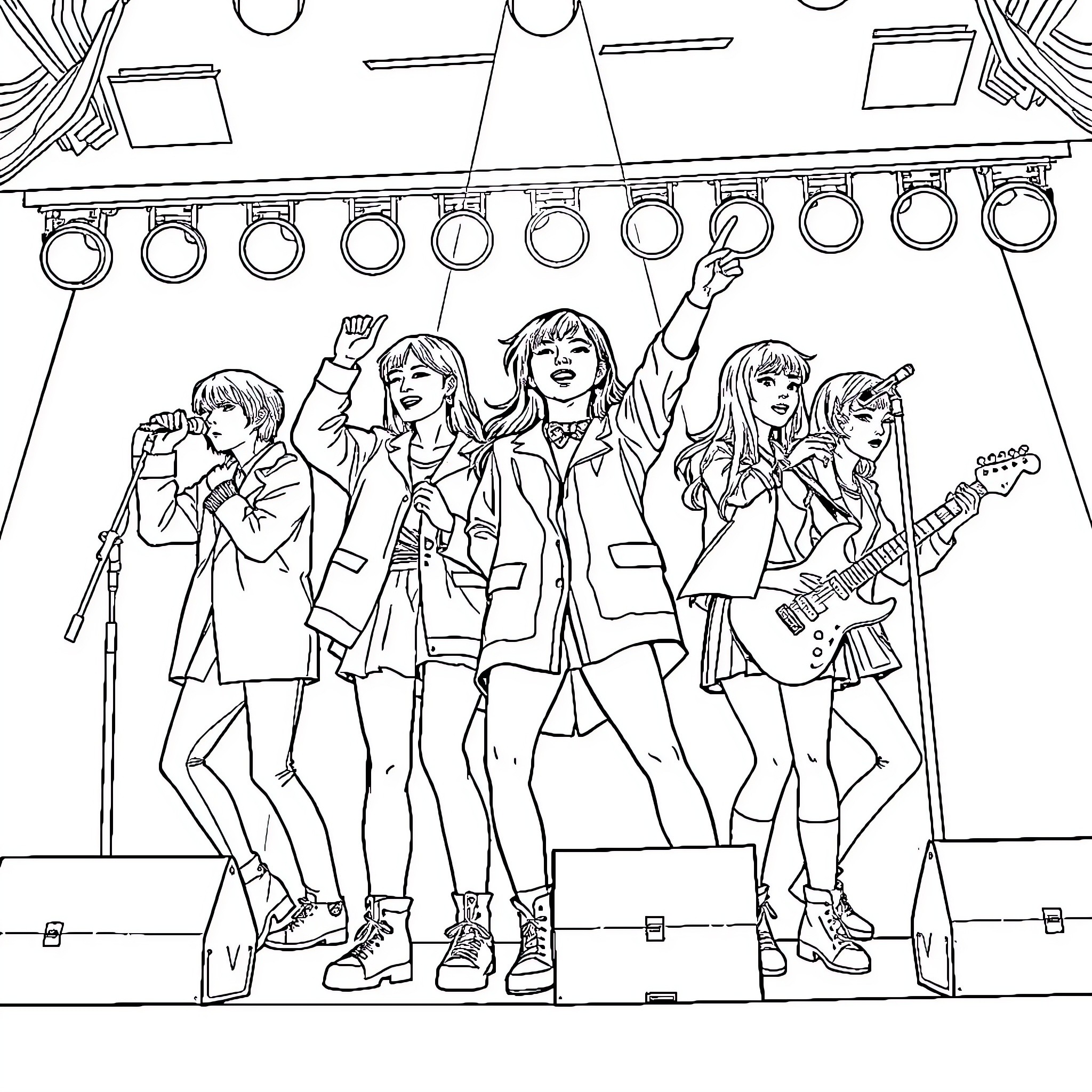 K Pop Music Band Performing on Stage Coloring Page (free black-and-white line drawing printable PDF for all, from beginners to advanced learners, including children, teens, adults, and seniors)