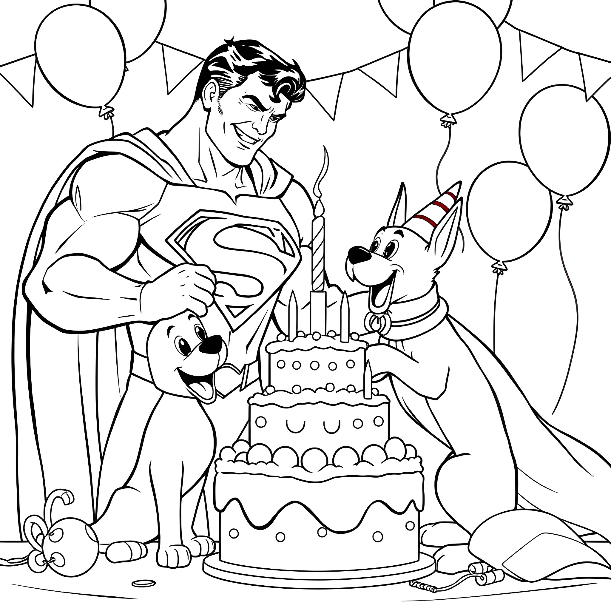 Superman celebrates birthday party with animal friends Coloring Page (free black-and-white line drawing printable PDF for all, from beginners to advanced learners, including children, teens, adults, and seniors)