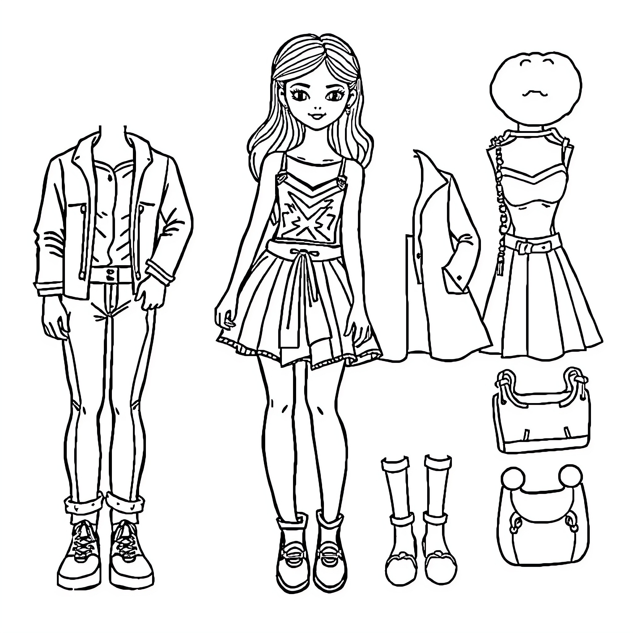 Paper Doll Fashion and Accessory Set Coloring Page (free black-and-white line drawing printable PDF for all, from beginners to advanced learners, including children, teens, adults, and seniors)