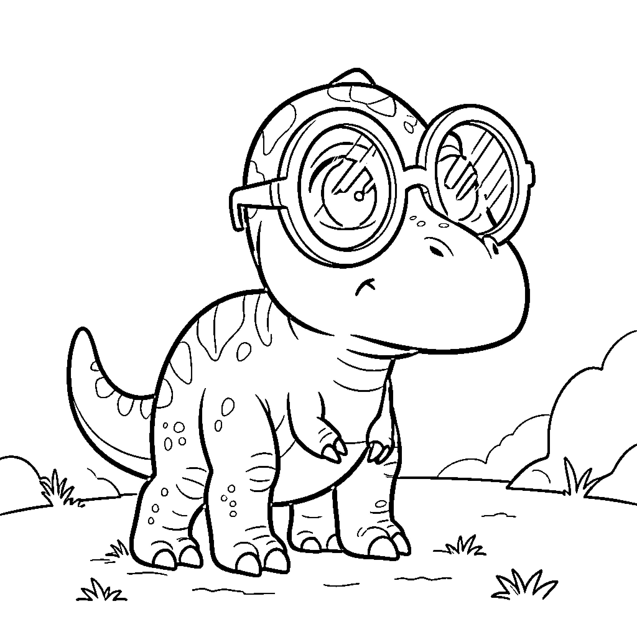 Dinosaur with Goggles in a Nature Scene Coloring Page (free black-and-white line drawing printable PDF for all, from beginners to advanced learners, including children, teens, adults, and seniors)