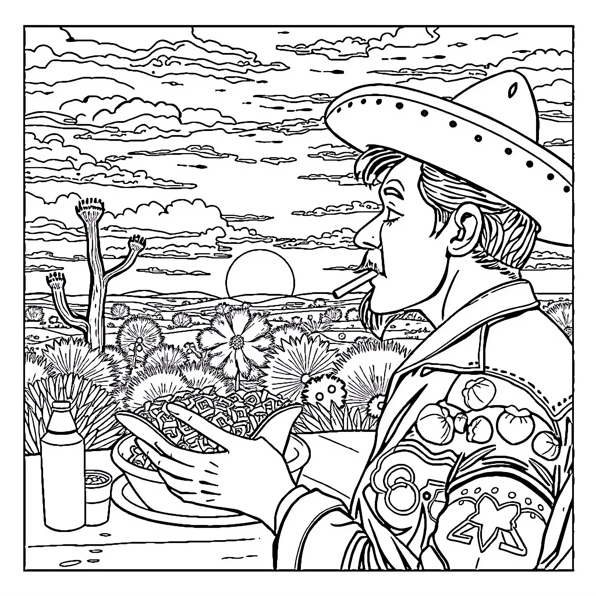 Mexican Man Enjoying Scenic Landscape and Flowers Coloring Page (free black-and-white line drawing printable PDF for all, from beginners to advanced learners, including children, teens, adults, and seniors)
