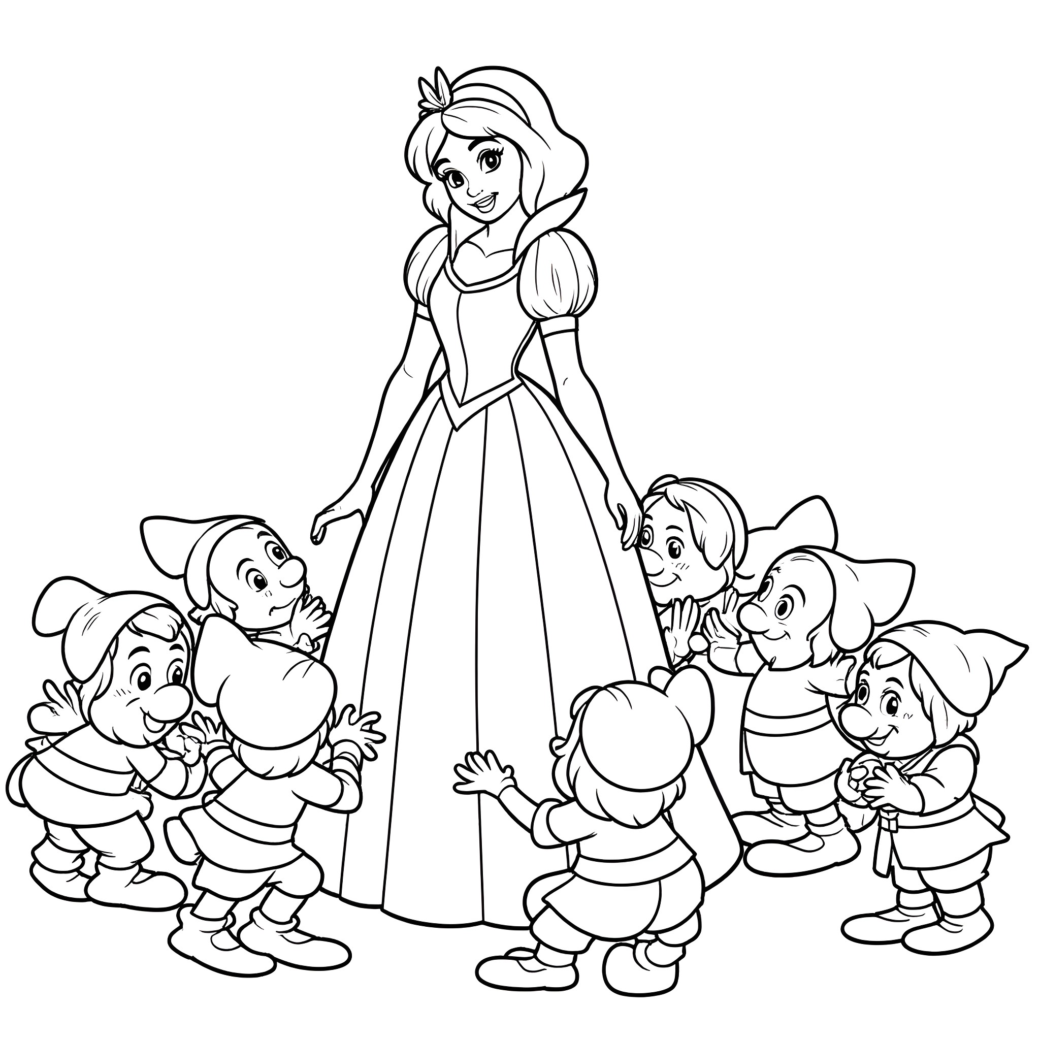 Snow White surrounded by the Seven Dwarfs Coloring Page (free black-and-white line drawing printable PDF for all, from beginners to advanced learners, including children, teens, adults, and seniors)