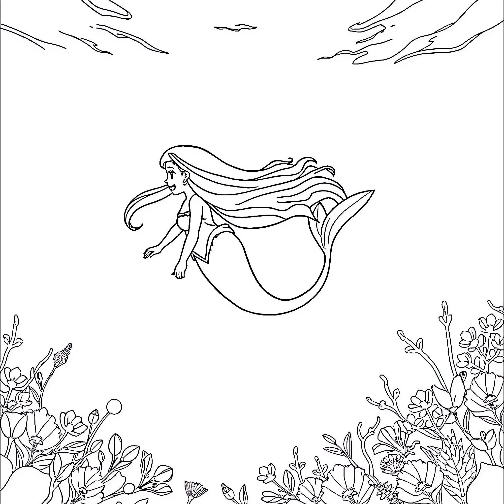 Mermaid swimming gracefully in the underwater scene Coloring Page (free black-and-white line drawing printable PDF for all, from beginners to advanced learners, including children, teens, adults, and seniors)