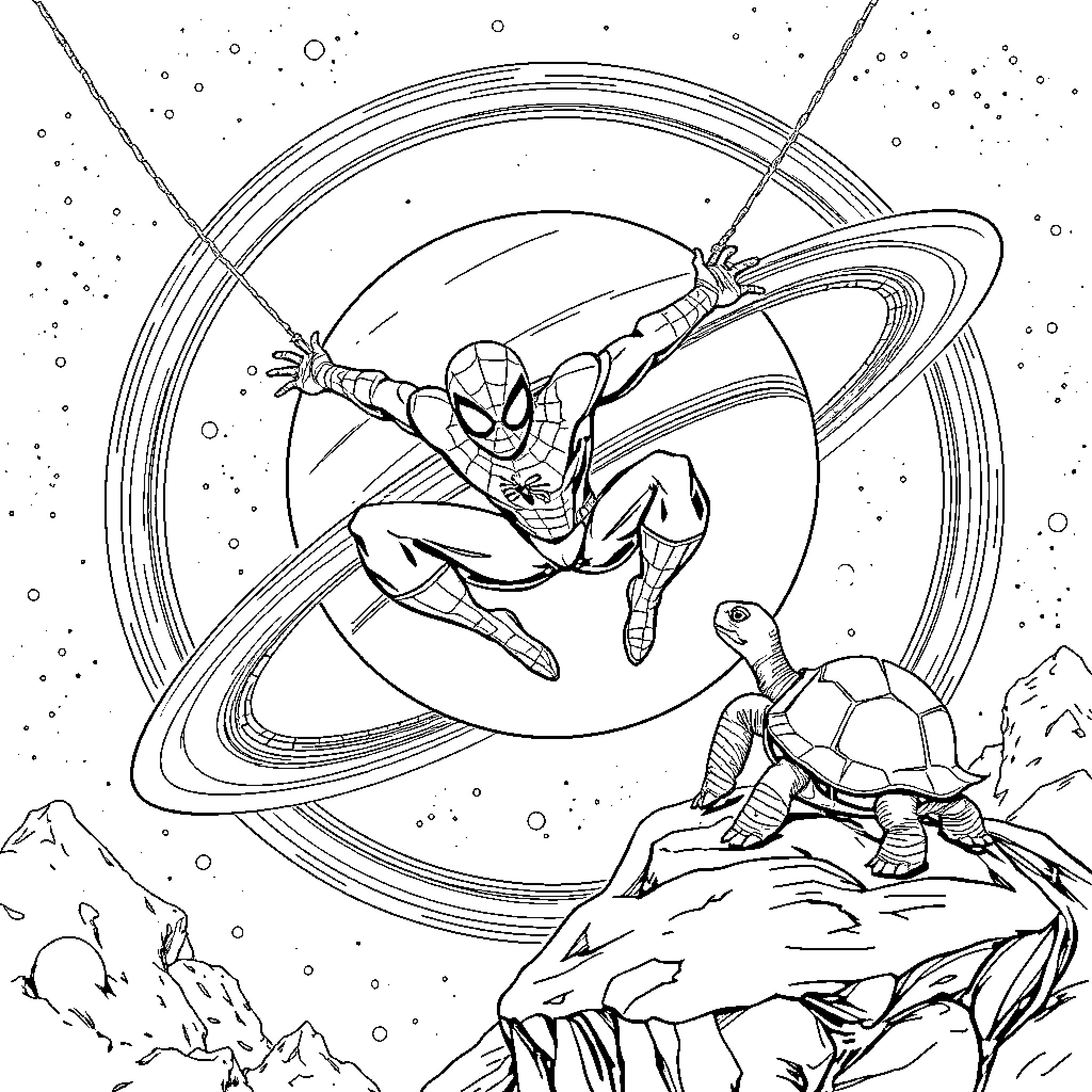 Turtle Spider-Man saves the day in space Coloring Page (free black-and-white line drawing printable PDF for all, from beginners to advanced learners, including children, teens, adults, and seniors)