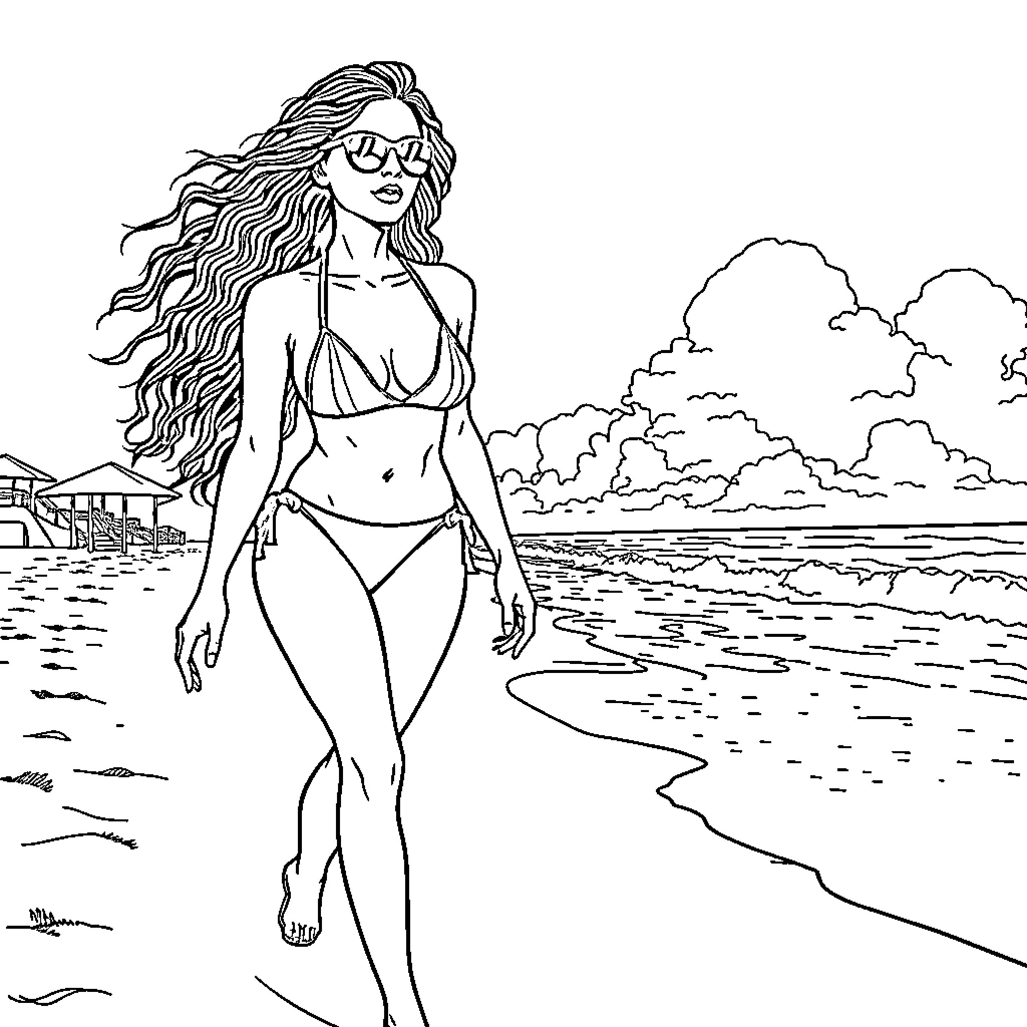 Woman strolling on the beach in swimsuit Coloring Page (free black-and-white line drawing printable PDF for all, from beginners to advanced learners, including children, teens, adults, and seniors)