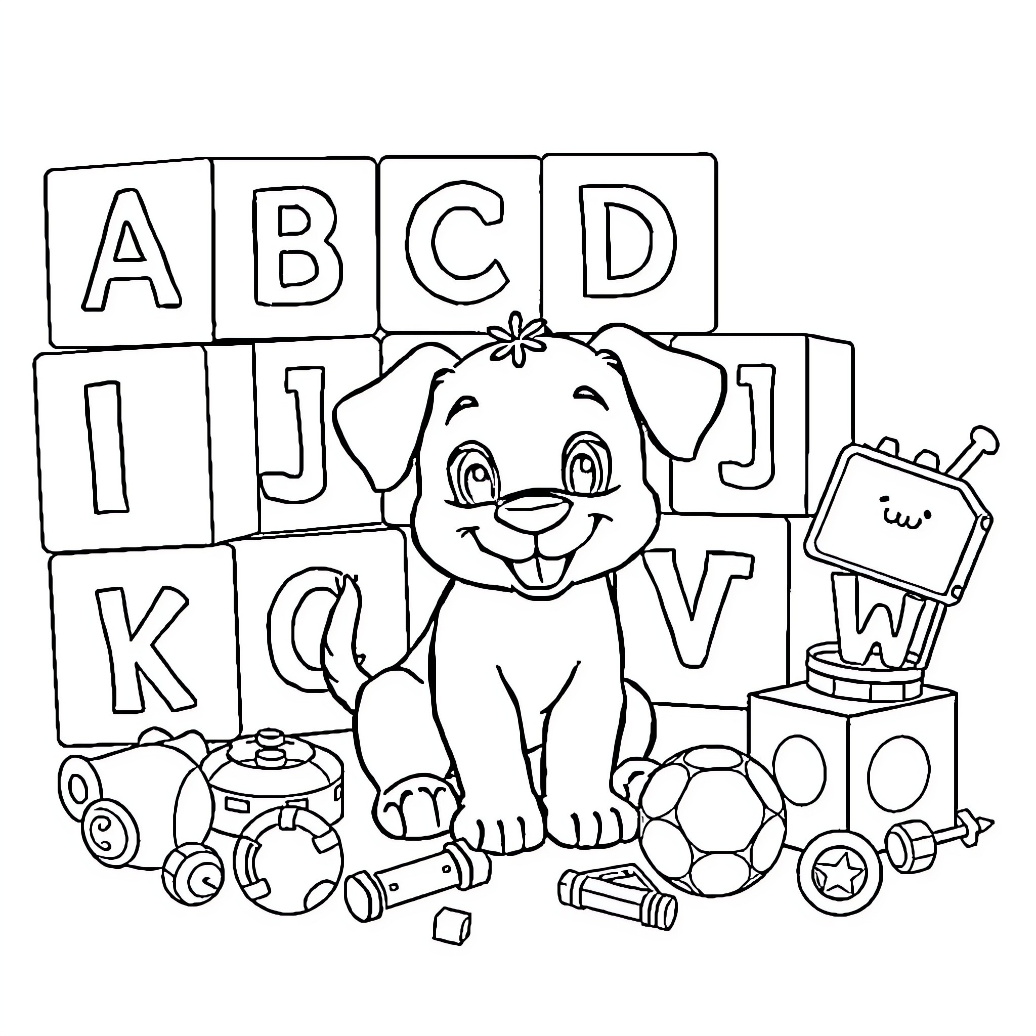 ABC Alphabet Blocks with Puppy and Toys Coloring Page (free black-and-white line drawing printable PDF for all, from beginners to advanced learners, including children, teens, adults, and seniors)