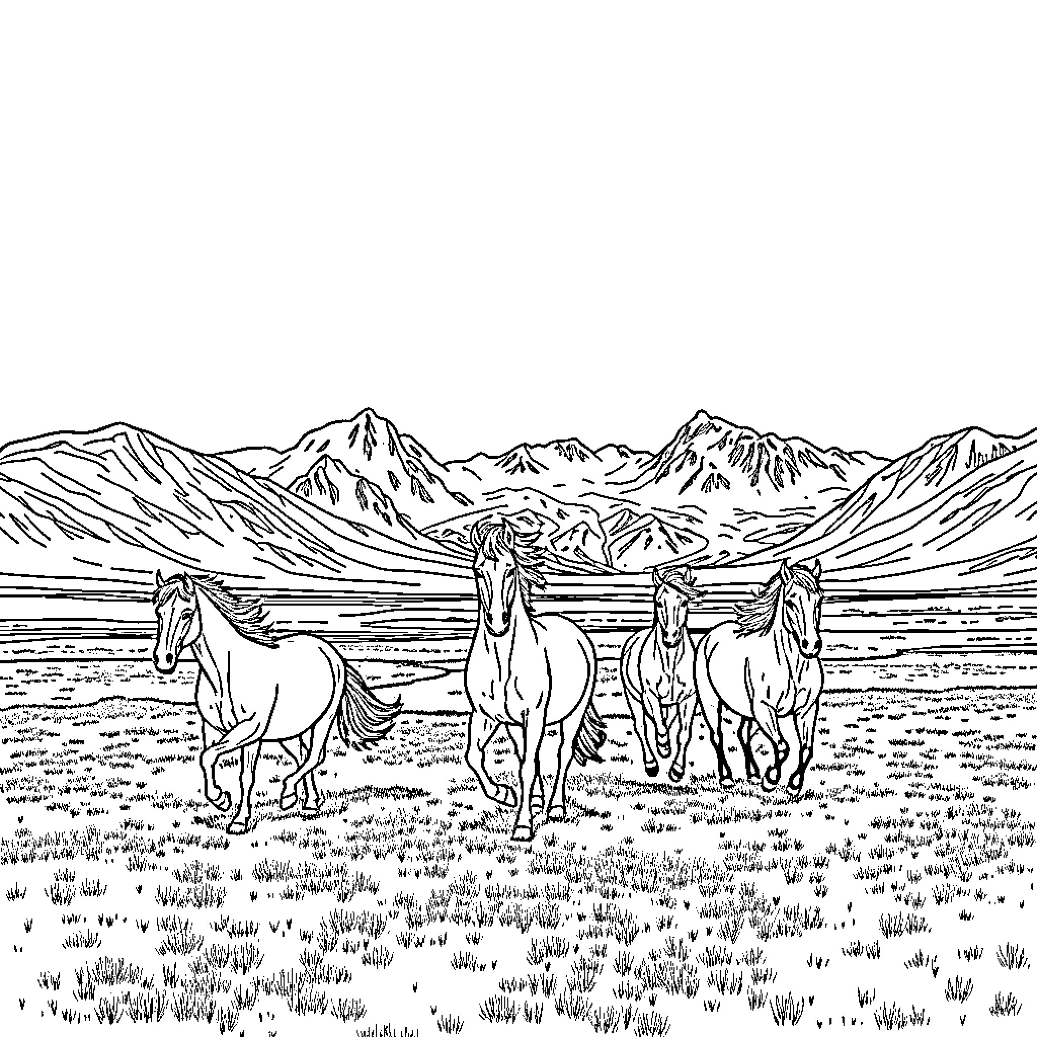 Horse herd galloping across the vast mountain landscape Coloring Page (free black-and-white line drawing printable PDF for all, from beginners to advanced learners, including children, teens, adults, and seniors)