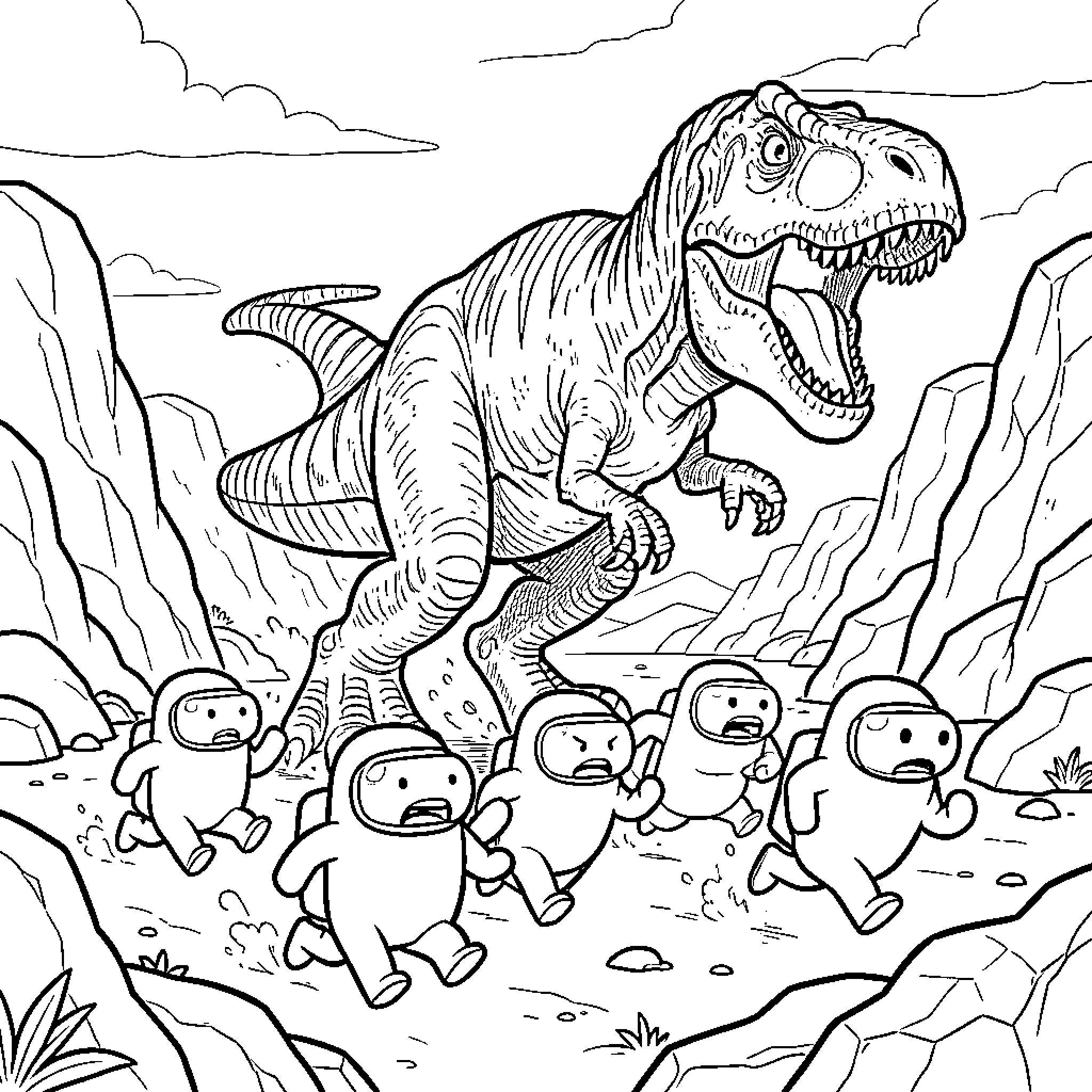Among Us Character running away from a roaring dinosaur Coloring Page (free black-and-white line drawing printable PDF for all, from beginners to advanced learners, including children, teens, adults, and seniors)