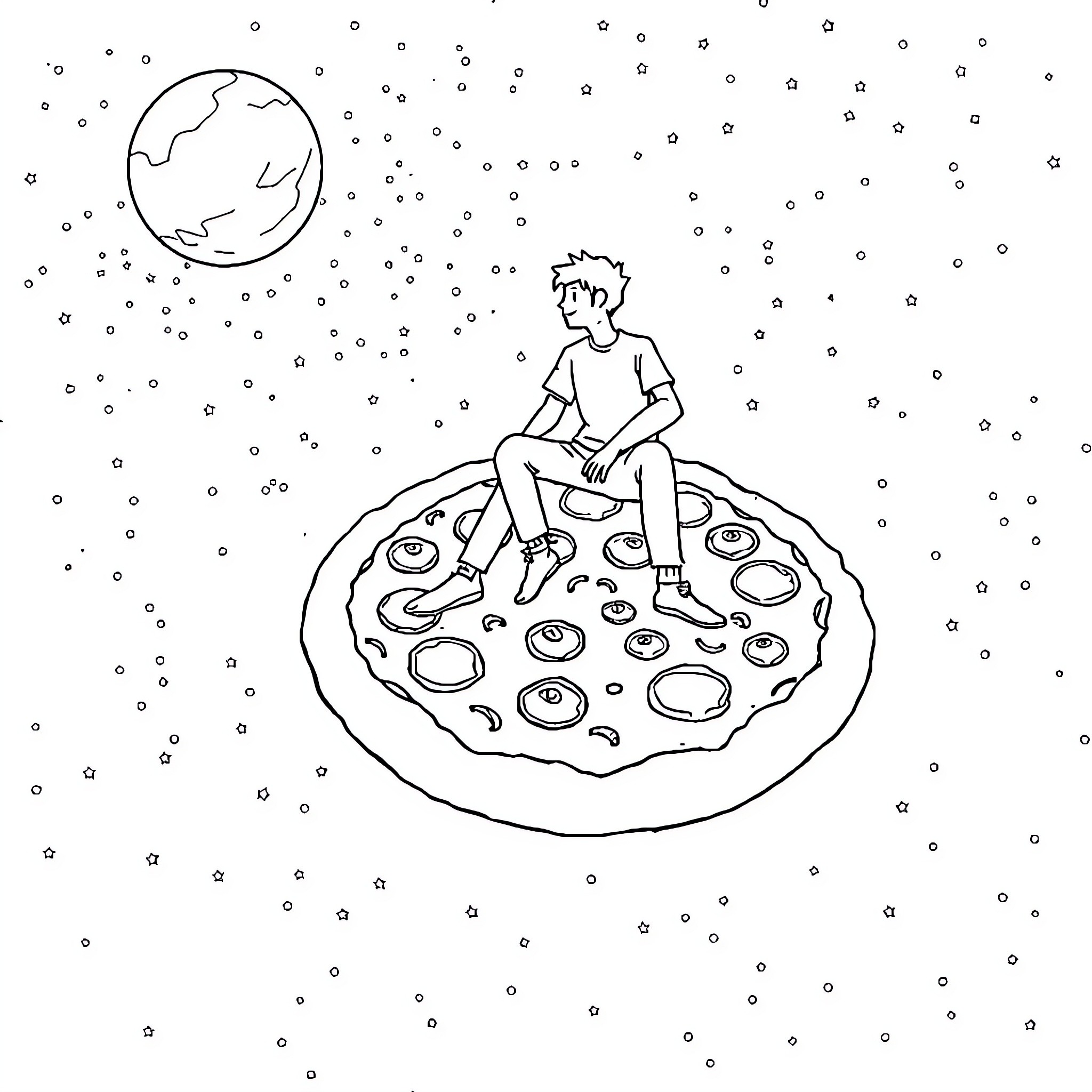 Guy enjoying a cosmic pizza under the stars Coloring Page (free black-and-white line drawing printable PDF for all, from beginners to advanced learners, including children, teens, adults, and seniors)