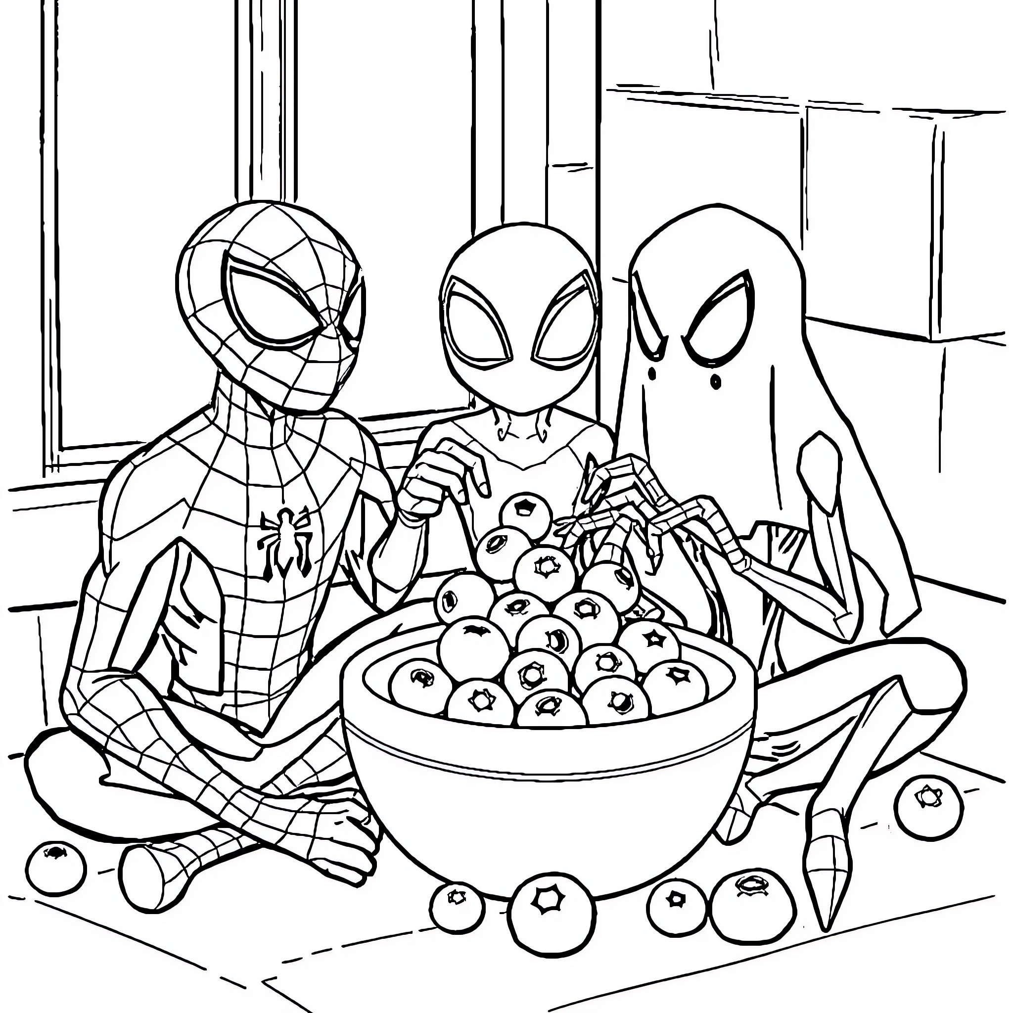 Spider-themed characters enjoying a snack together Coloring Page (free black-and-white line drawing printable PDF for all, from beginners to advanced learners, including children, teens, adults, and seniors)