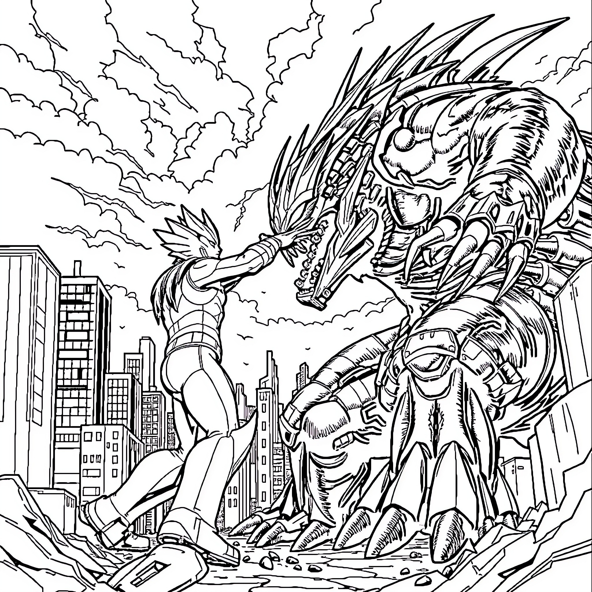 Ultraman battles a colossal monstrous creature in the city Coloring Page (free black-and-white line drawing printable PDF for all, from beginners to advanced learners, including children, teens, adults, and seniors)