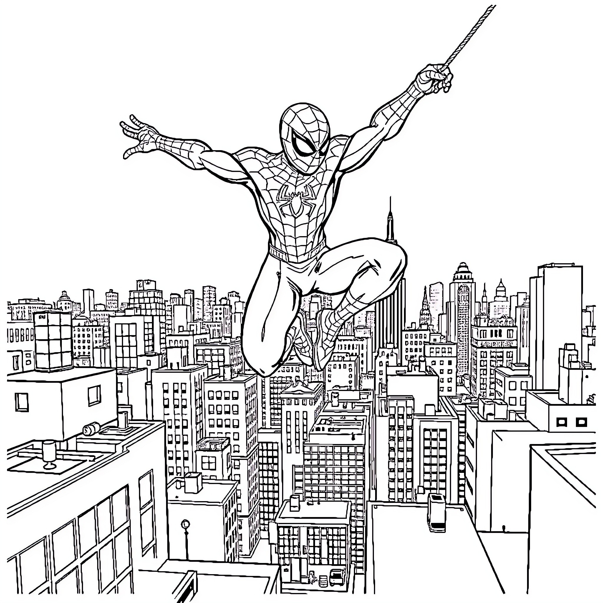 Spiderman swinging over cityscape with outstretched arms Coloring Page (free black-and-white line drawing printable PDF for all, from beginners to advanced learners, including children, teens, adults, and seniors)