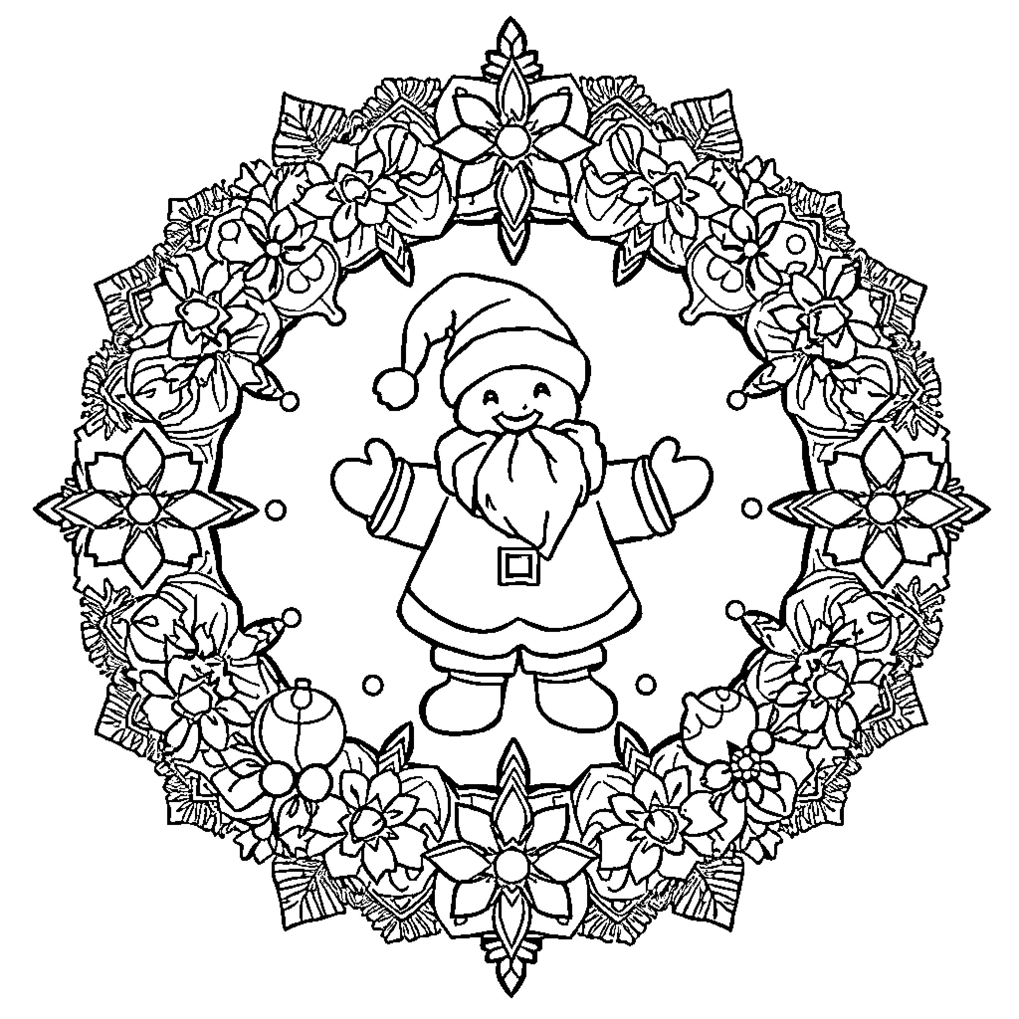 Bonhomme de Pain d'Épices surrounded by festive floral wreath Coloring Page (free black-and-white line drawing printable PDF for all, from beginners to advanced learners, including children, teens, adults, and seniors)