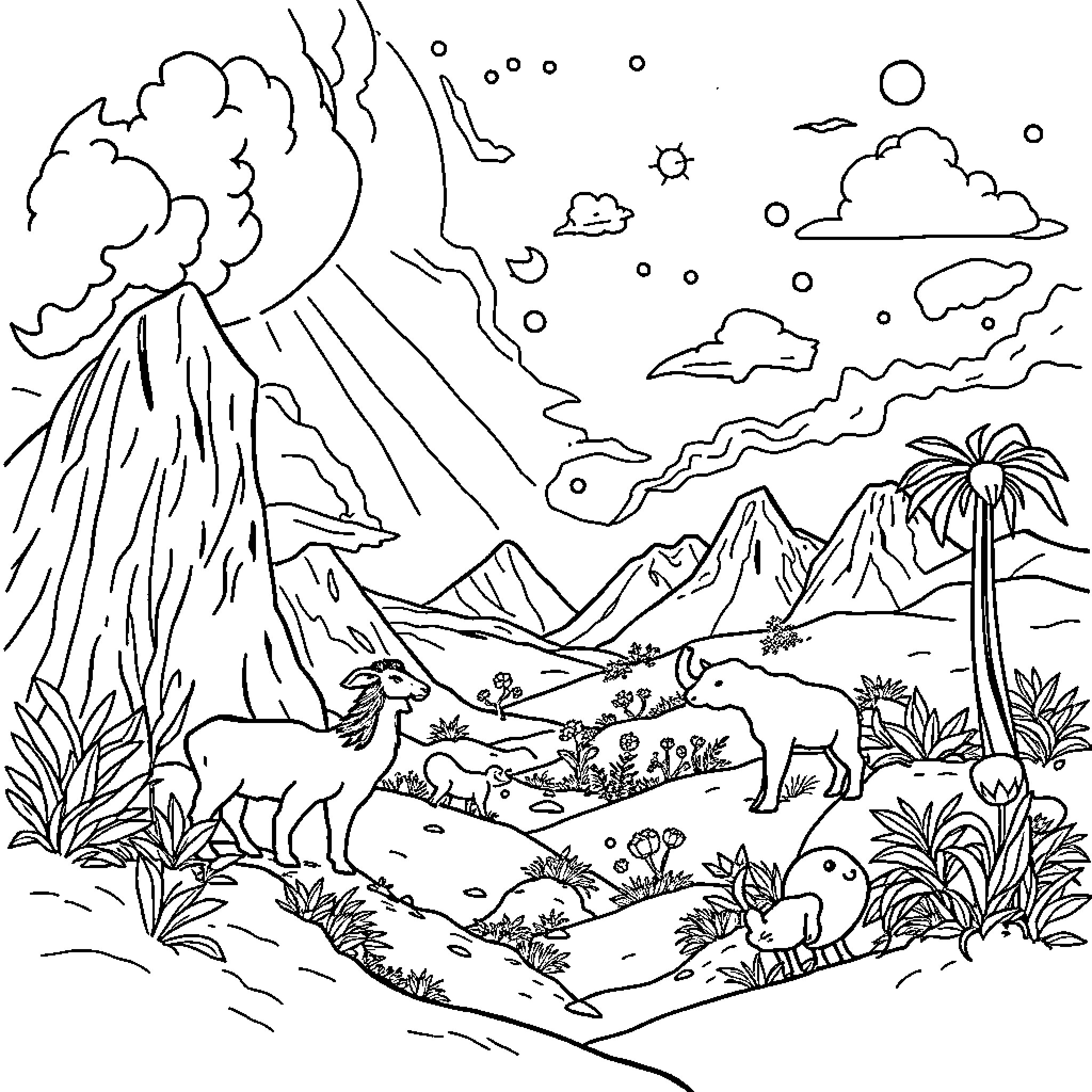 Creation of a Scenic Landscape with Wildlife Coloring Page (free black-and-white line drawing printable PDF for all, from beginners to advanced learners, including children, teens, adults, and seniors)