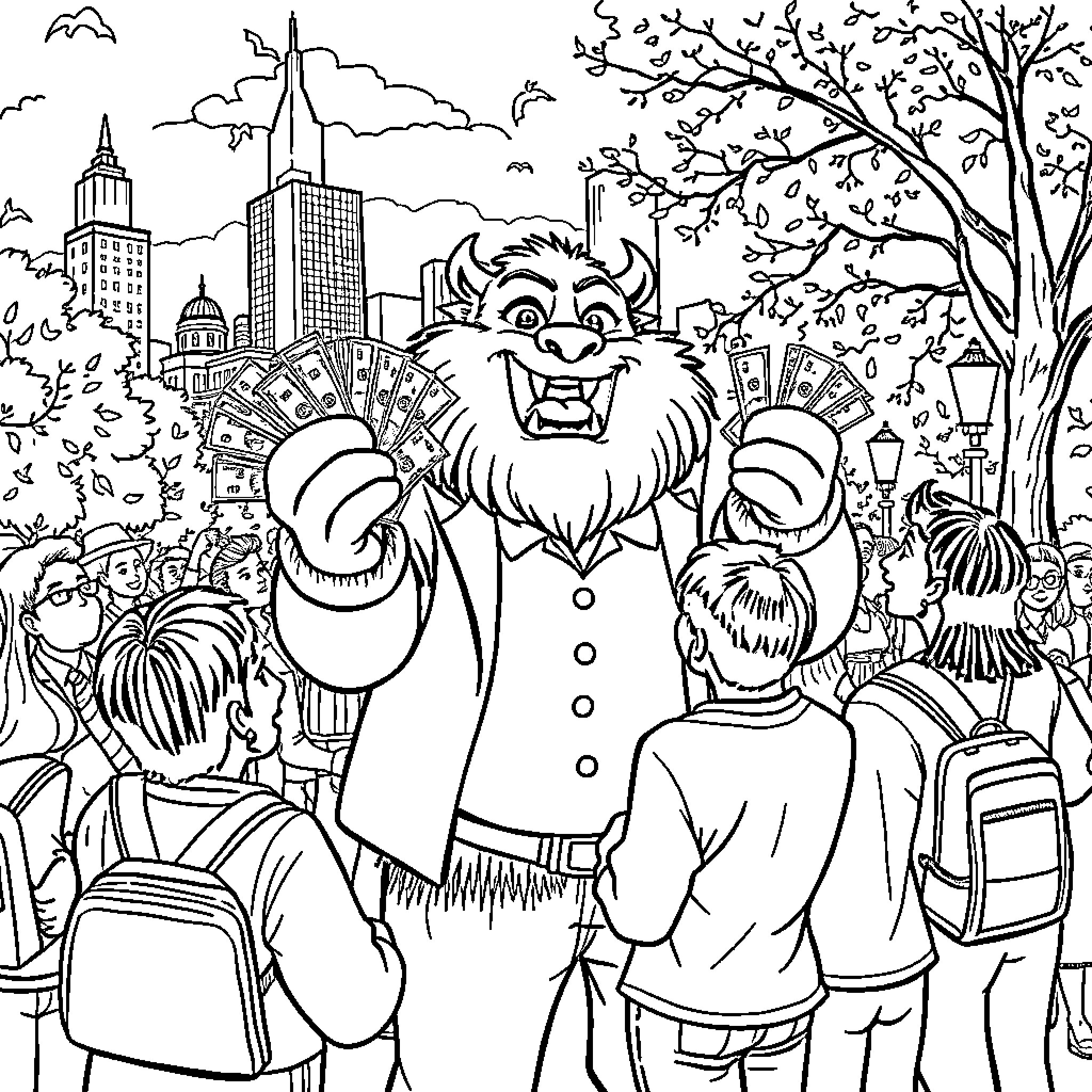 Mr Beast and His Vibrant Crowd Celebration Coloring Page (free black-and-white line drawing printable PDF for all, from beginners to advanced learners, including children, teens, adults, and seniors)