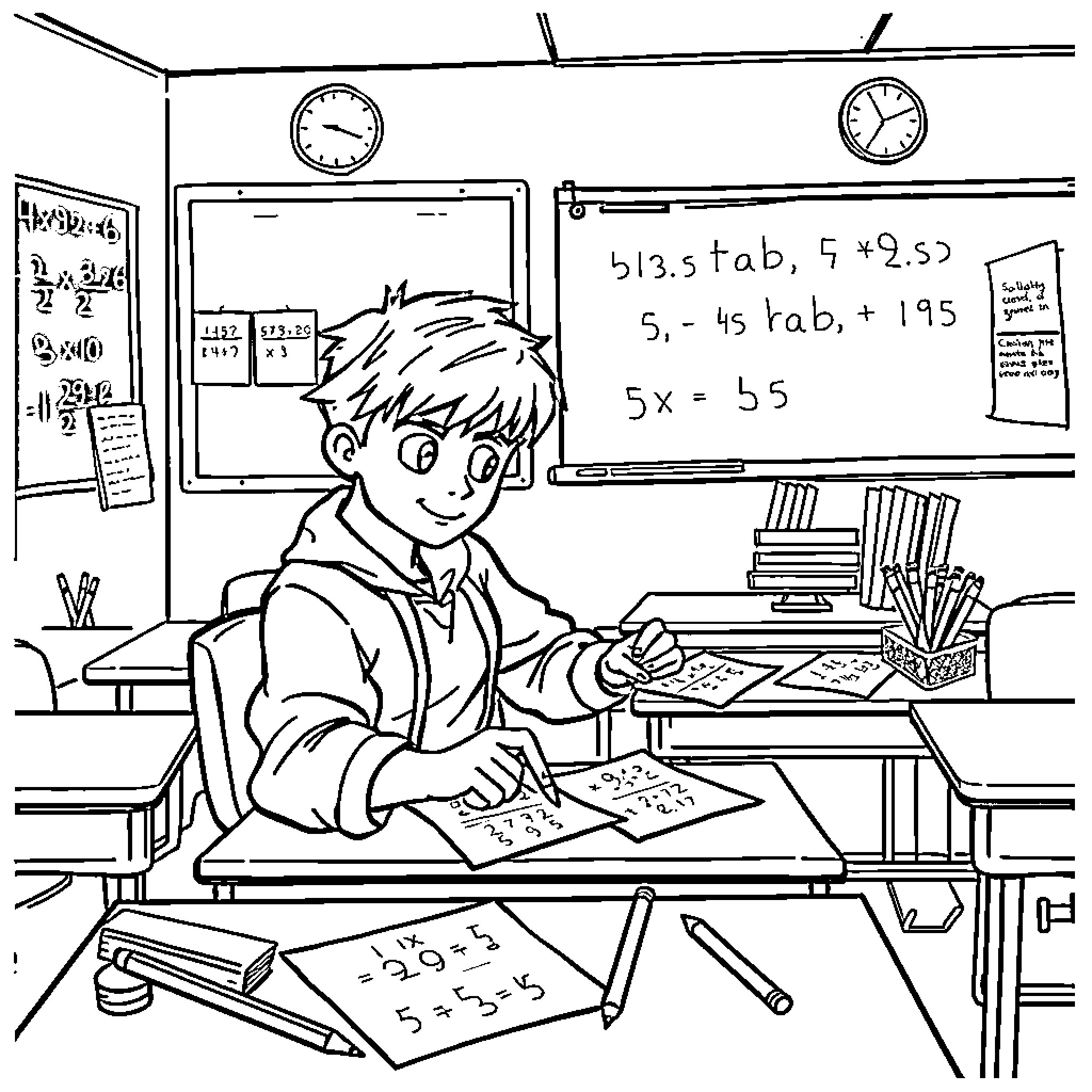 Huntrix's Math Class: A Student's Focused Study Coloring Page (free black-and-white line drawing printable PDF for all, from beginners to advanced learners, including children, teens, adults, and seniors)