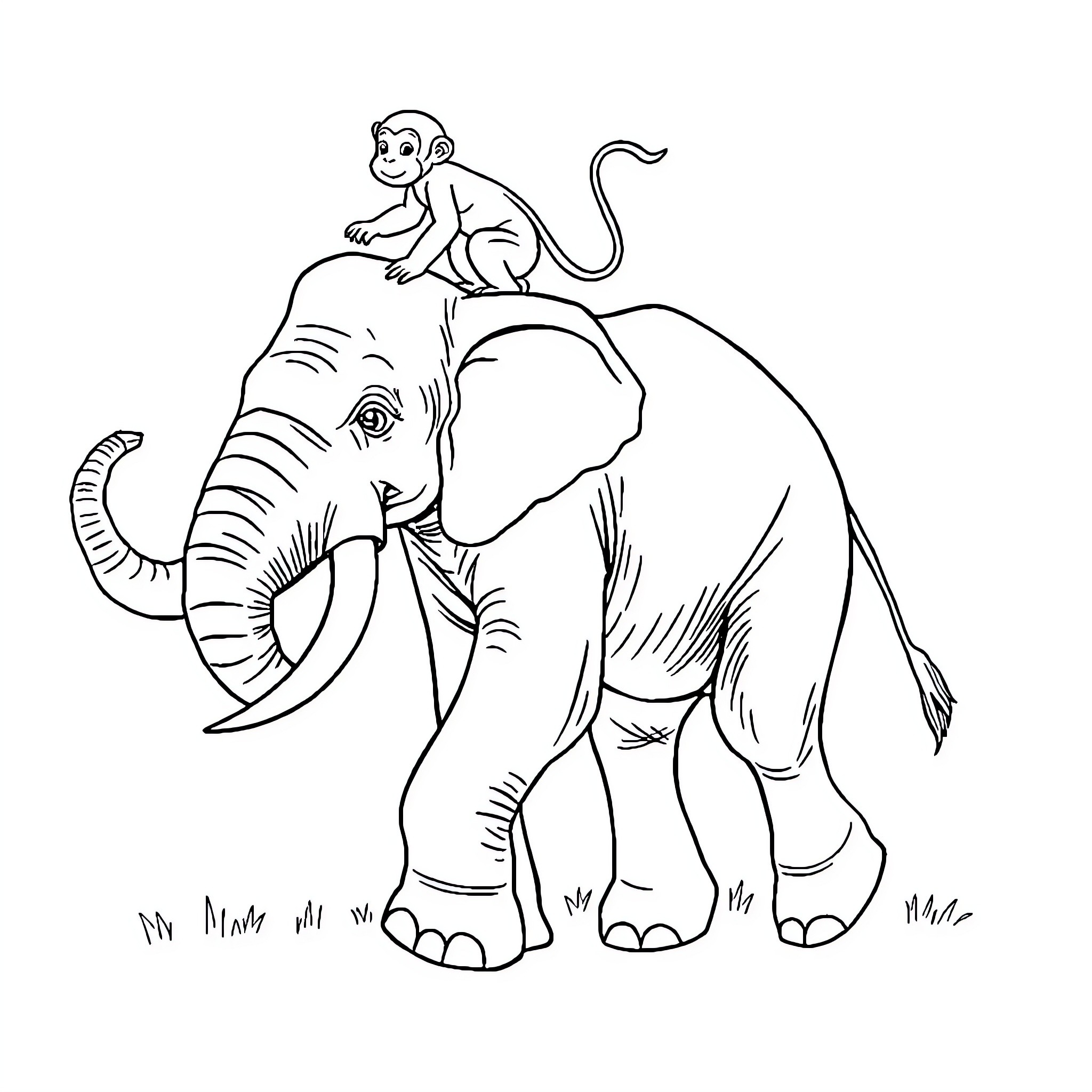 Elephant carrying a monkey on its back Coloring Page (free black-and-white line drawing printable PDF for all, from beginners to advanced learners, including children, teens, adults, and seniors)