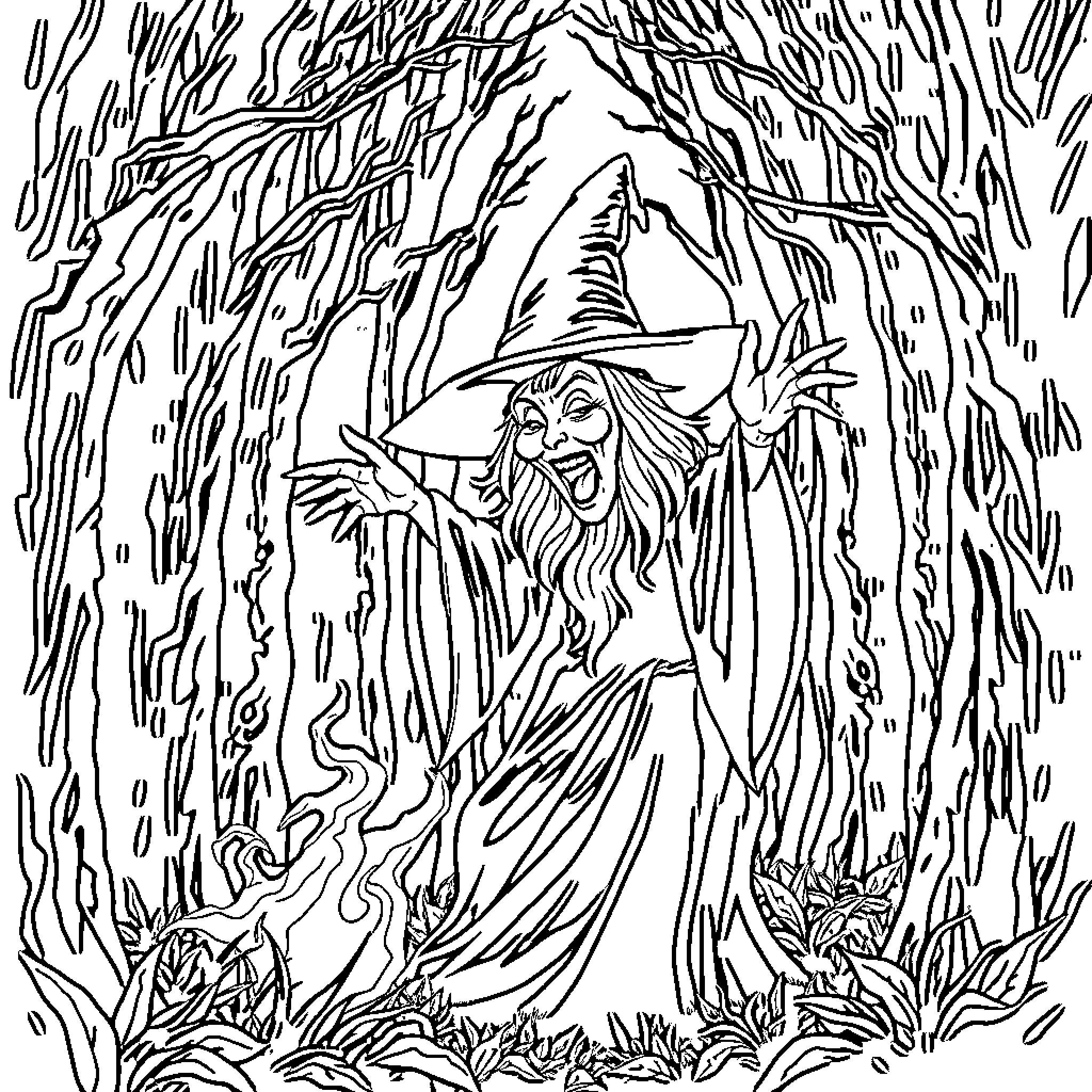 Wicked Witch Casting Spells in Enchanted Forest Coloring Page (free black-and-white line drawing printable PDF for all, from beginners to advanced learners, including children, teens, adults, and seniors)