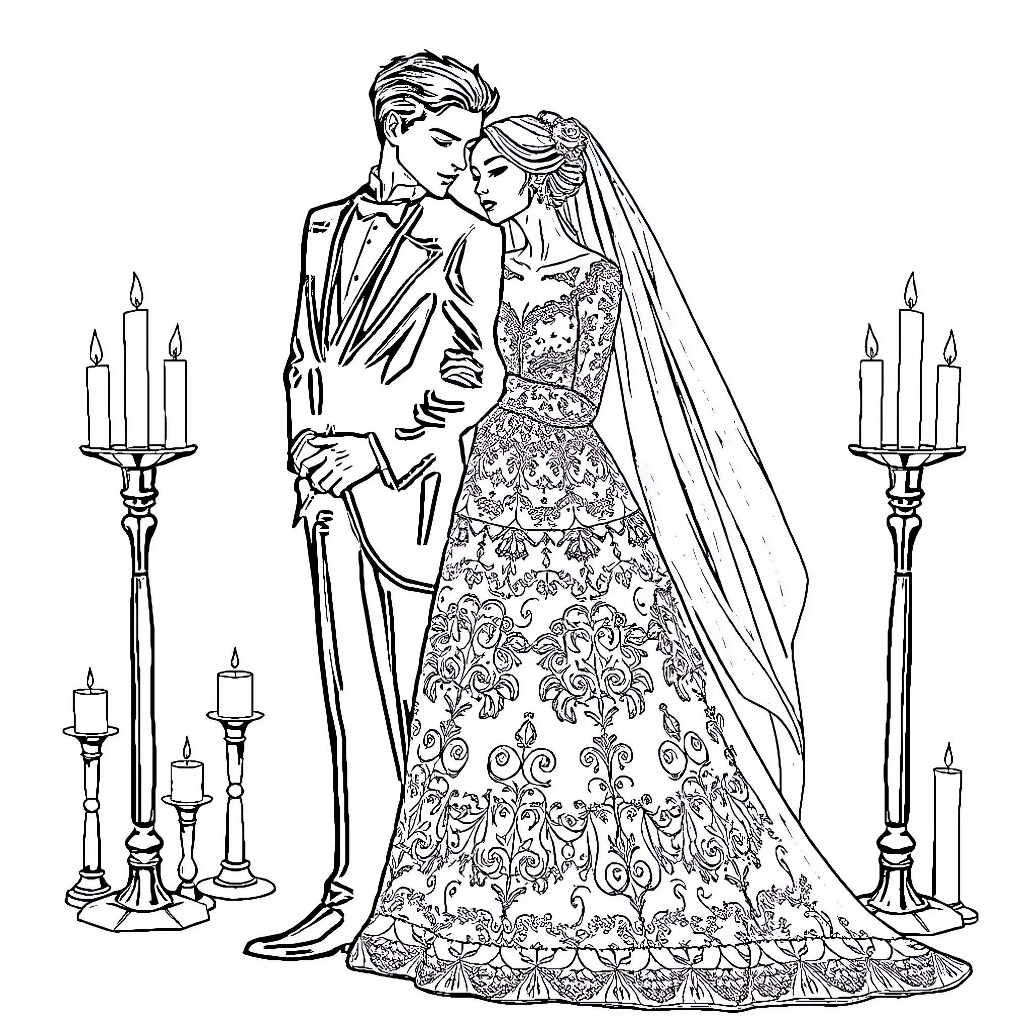 Bride and Groom in Formal Embrace at Candlelit Ceremony Coloring Page (free black-and-white line drawing printable PDF for all, from beginners to advanced learners, including children, teens, adults, and seniors)