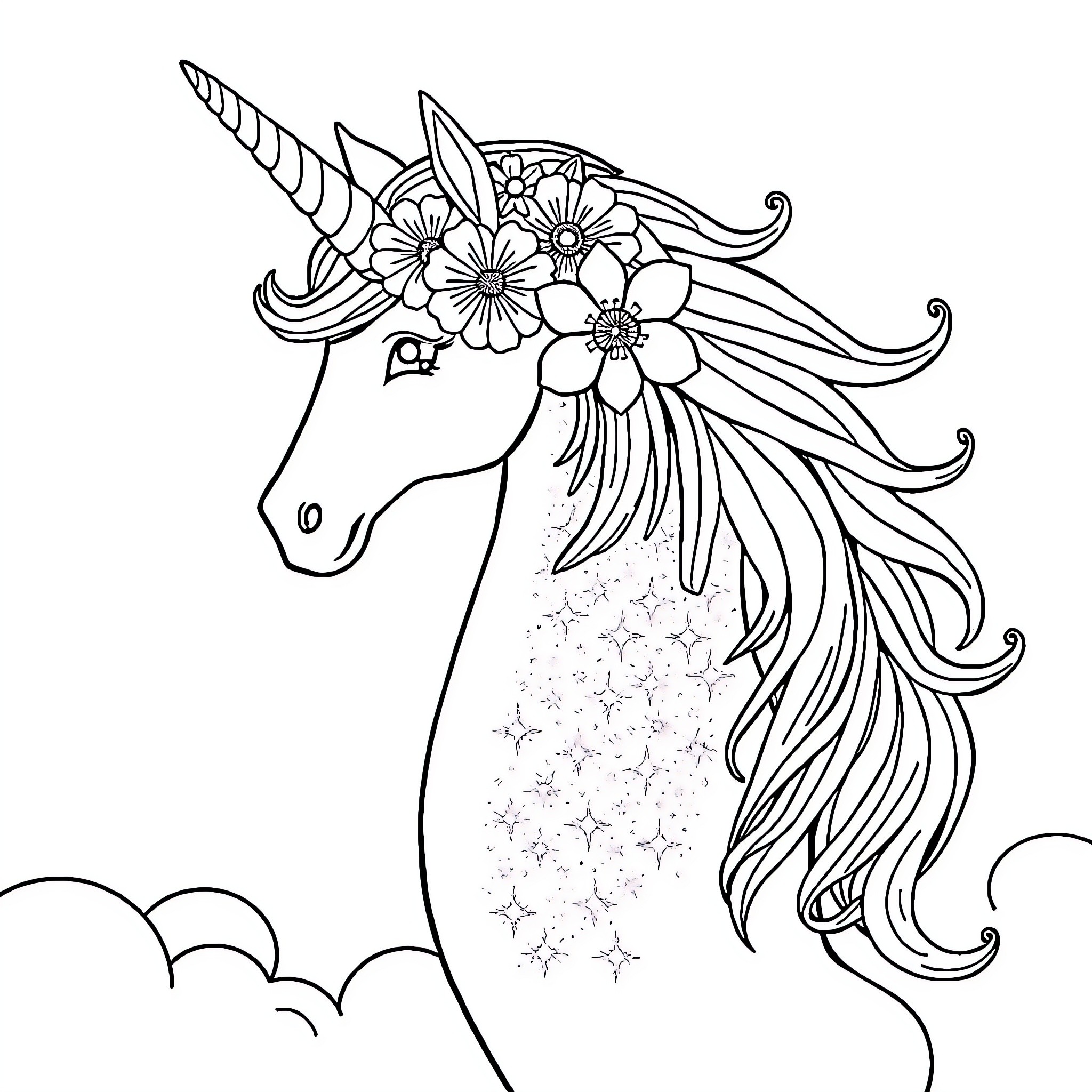 Einhorn Unicorn with Floral Crown in the Clouds Coloring Page (free black-and-white line drawing printable PDF for all, from beginners to advanced learners, including children, teens, adults, and seniors)