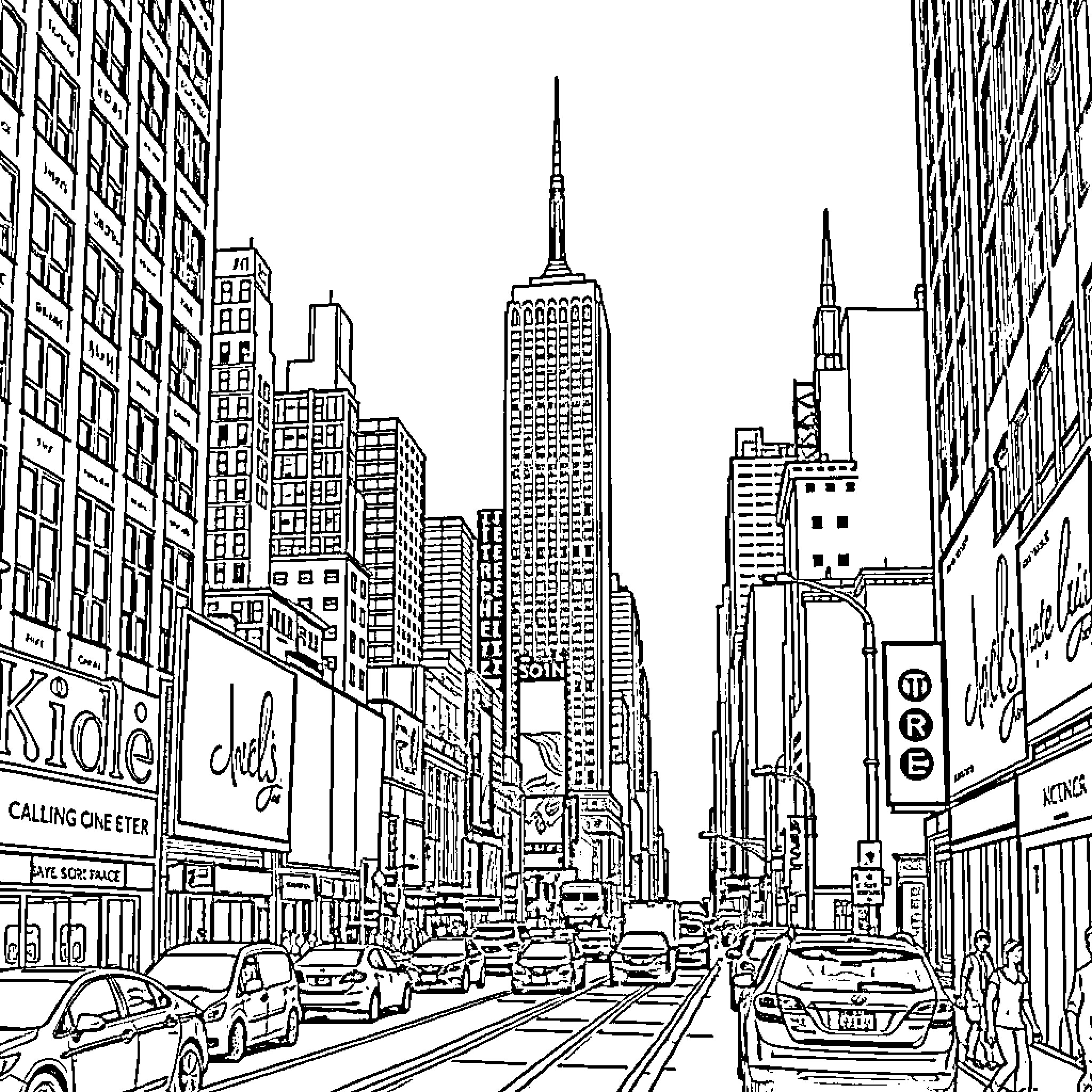 City streets bustling with cars and tall buildings Coloring Page (free black-and-white line drawing printable PDF for all, from beginners to advanced learners, including children, teens, adults, and seniors)
