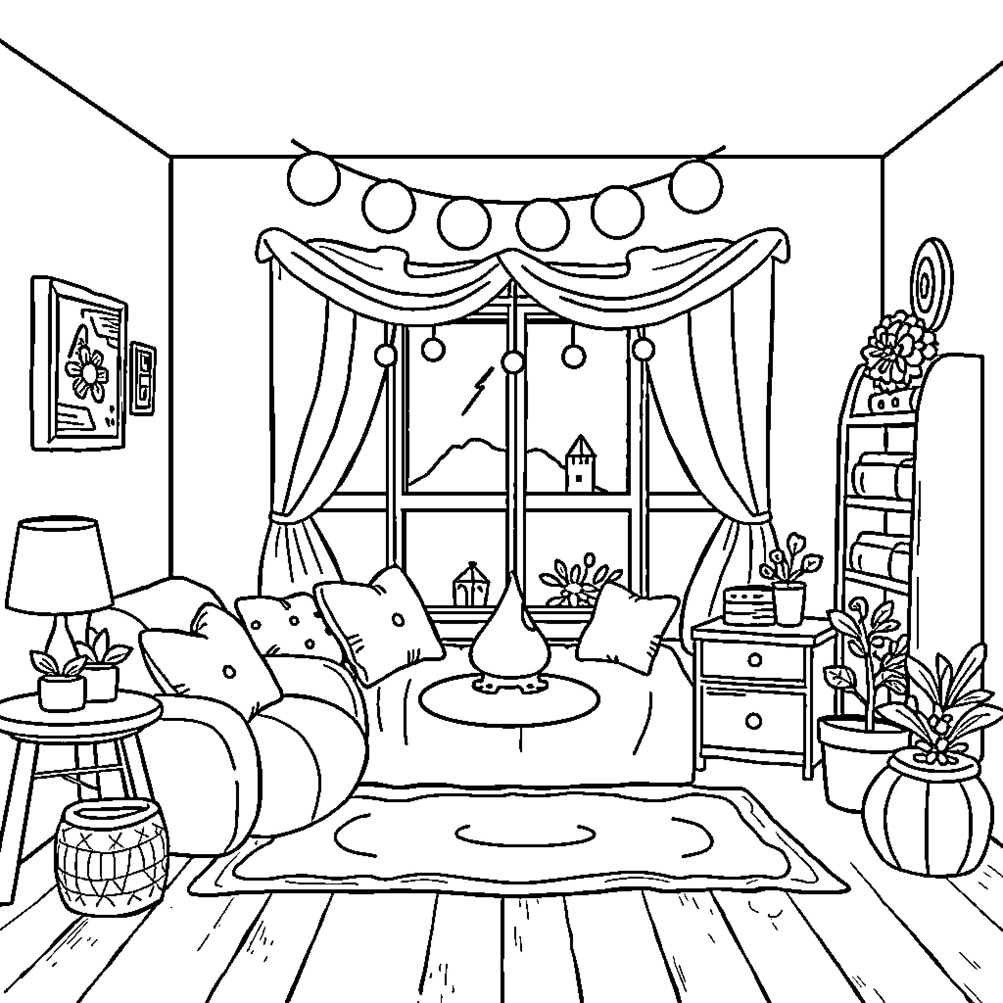 Cozy bedroom with festive decor Coloring Page (free black-and-white line drawing printable PDF for all, from beginners to advanced learners, including children, teens, adults, and seniors)