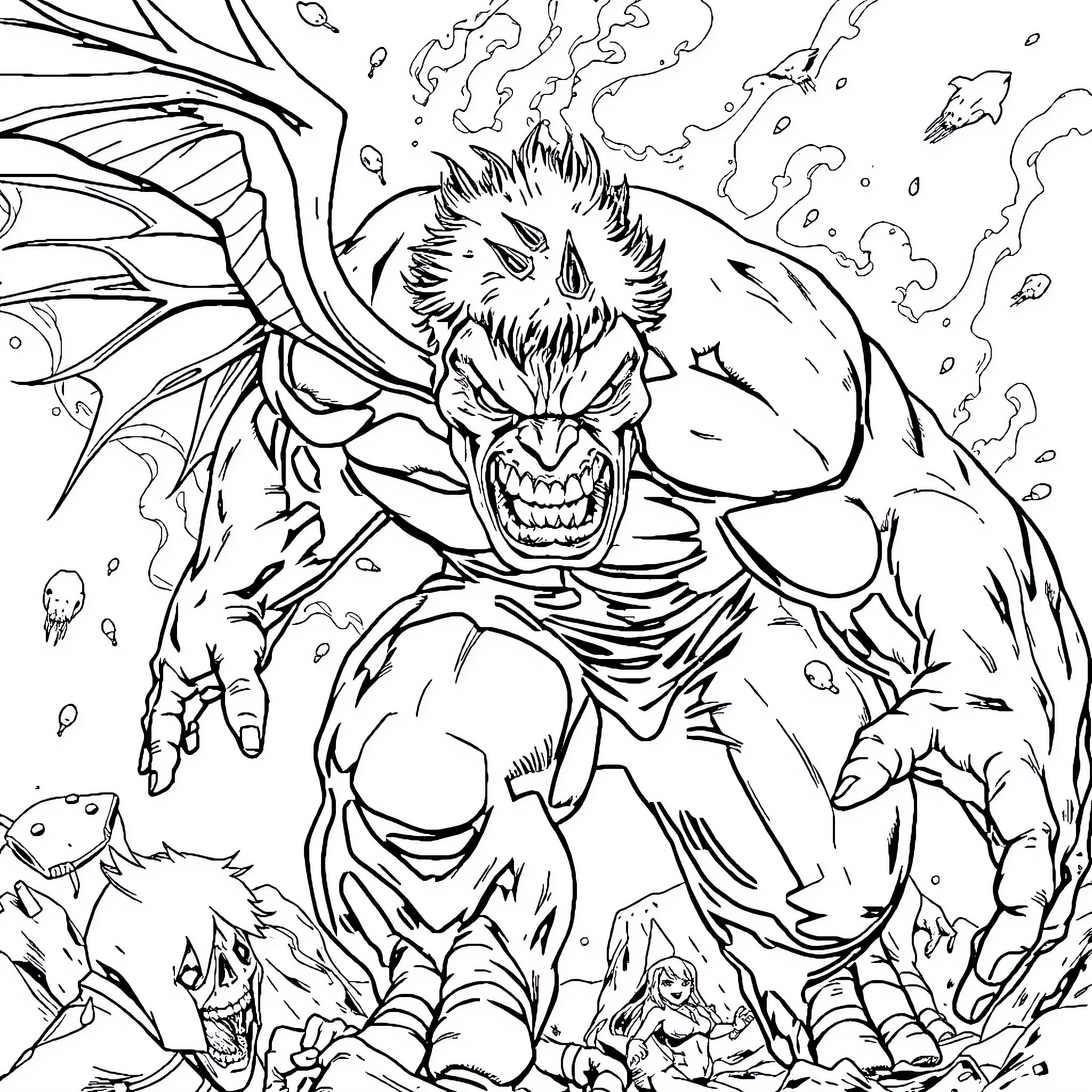 Fly through the fierce battle of a monstrous creature Coloring Page (free black-and-white line drawing printable PDF for all, from beginners to advanced learners, including children, teens, adults, and seniors)