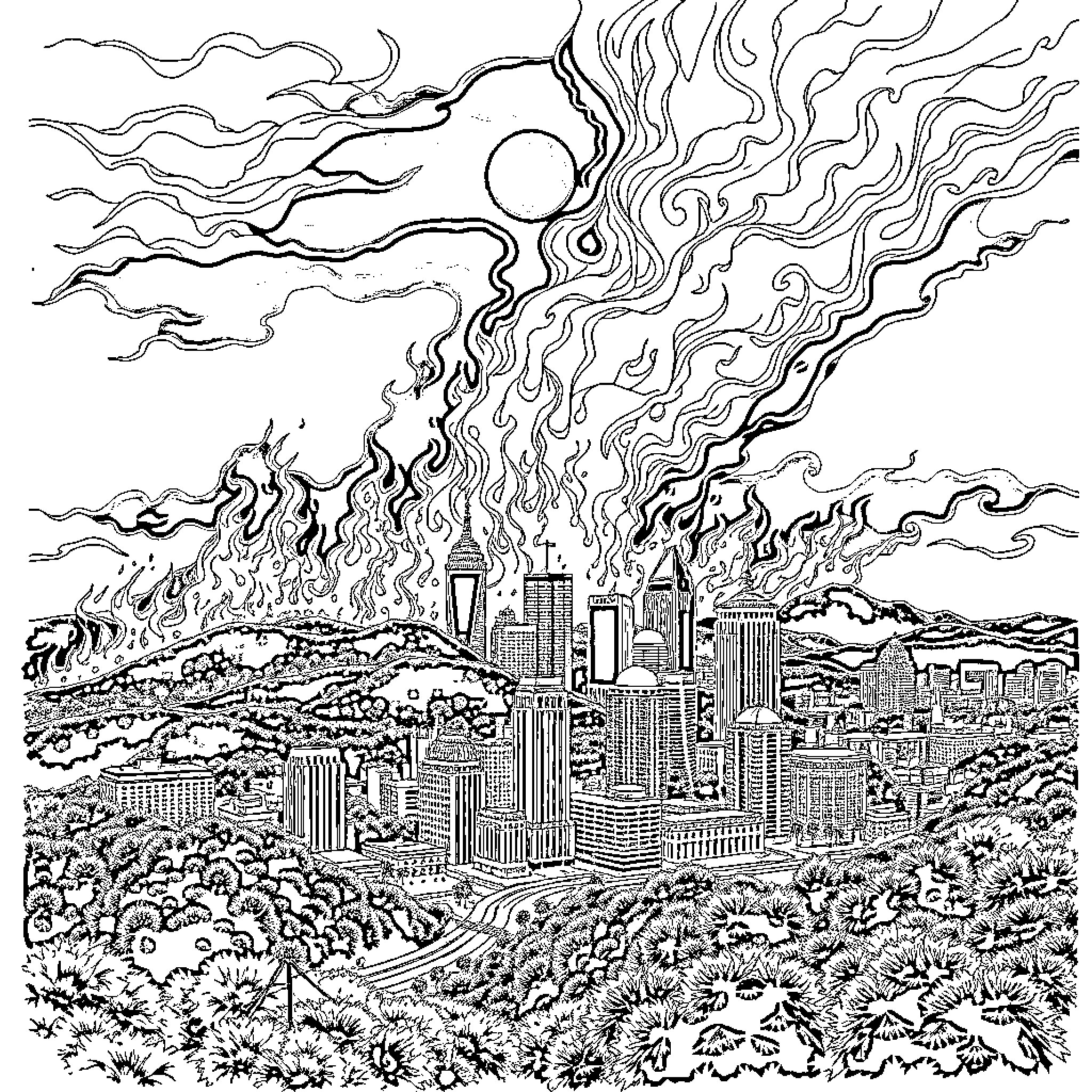 San Jose: Surreal Cityscape Under Dramatic Skies Coloring Page (free black-and-white line drawing printable PDF for all, from beginners to advanced learners, including children, teens, adults, and seniors)