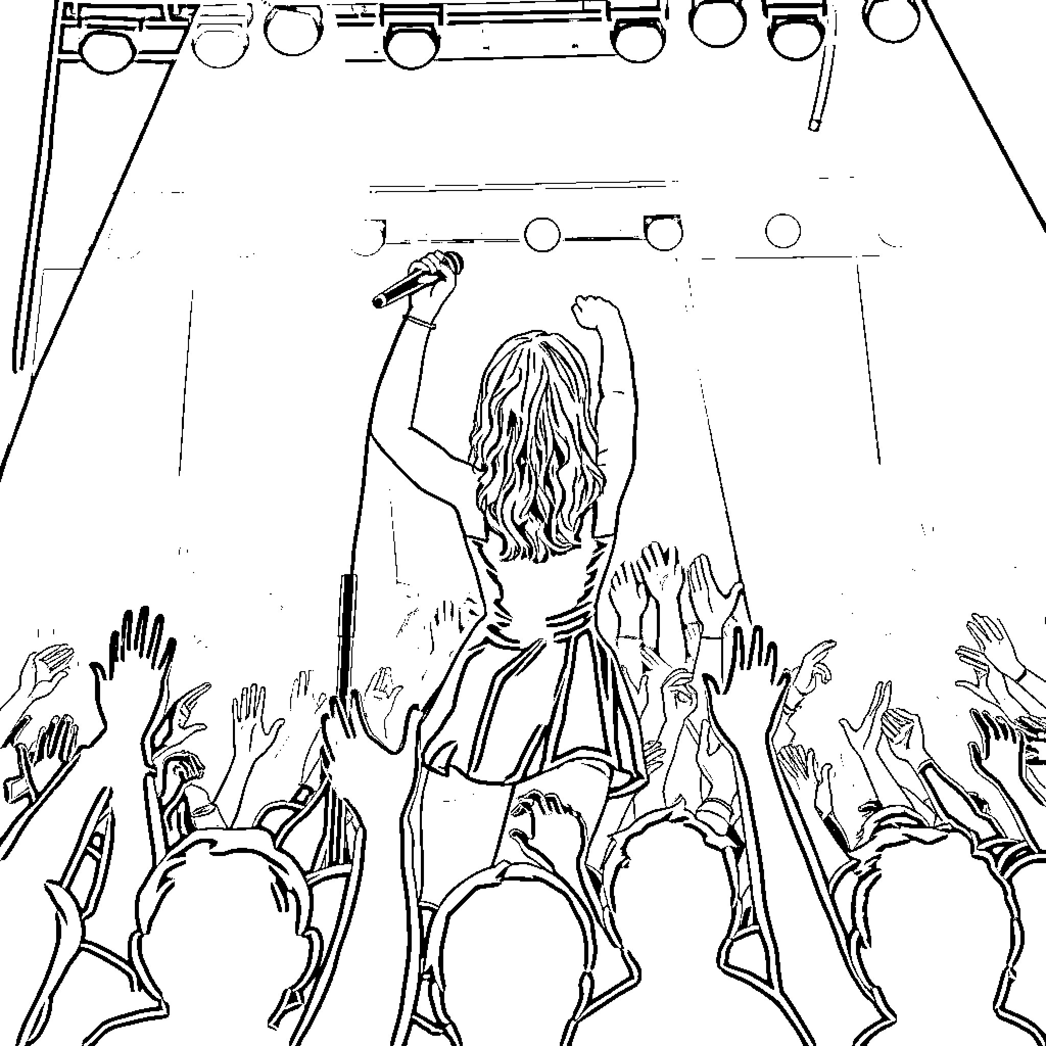 Taylor Swift Performing on Stage with Enthusiastic Fans Coloring Page (free black-and-white line drawing printable PDF for all, from beginners to advanced learners, including children, teens, adults, and seniors)