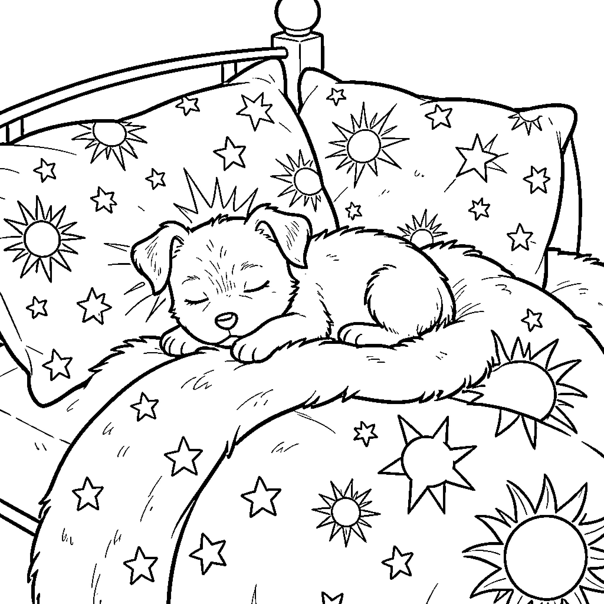 Perrito sleeping peacefully under the starry night sky Coloring Page (free black-and-white line drawing printable PDF for all, from beginners to advanced learners, including children, teens, adults, and seniors)
