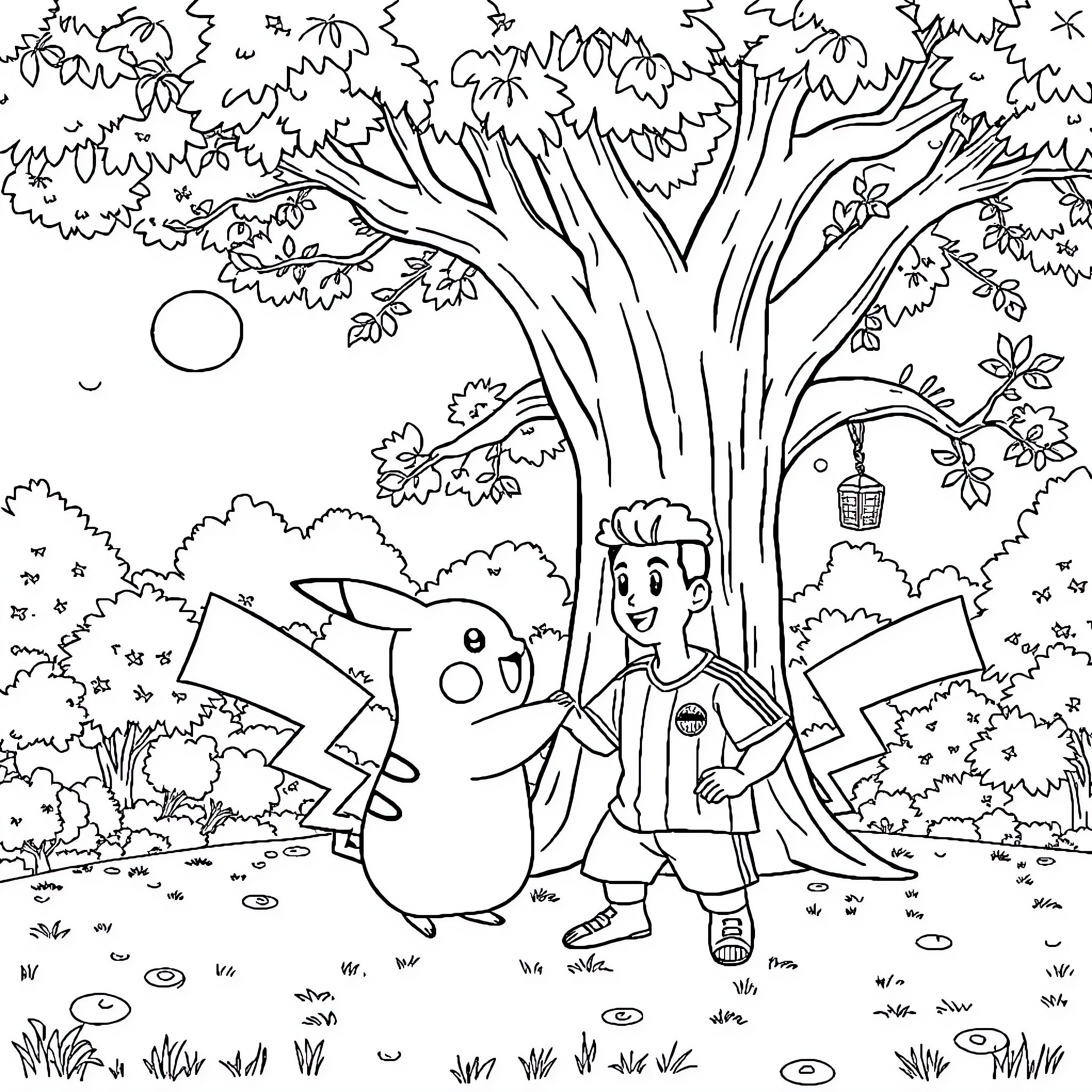Pikachu and Trainers Exploring the Outdoors Coloring Page (free black-and-white line drawing printable PDF for all, from beginners to advanced learners, including children, teens, adults, and seniors)