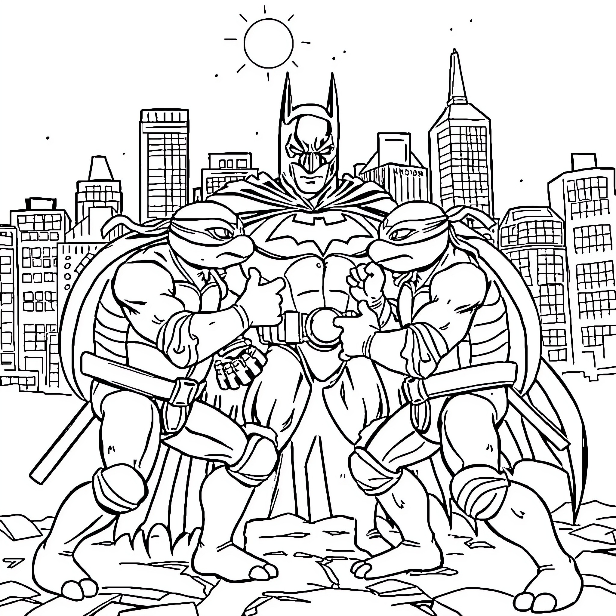 Teenage Mutant Ninja Turtle heroic team in action Coloring Page (free black-and-white line drawing printable PDF for all, from beginners to advanced learners, including children, teens, adults, and seniors)