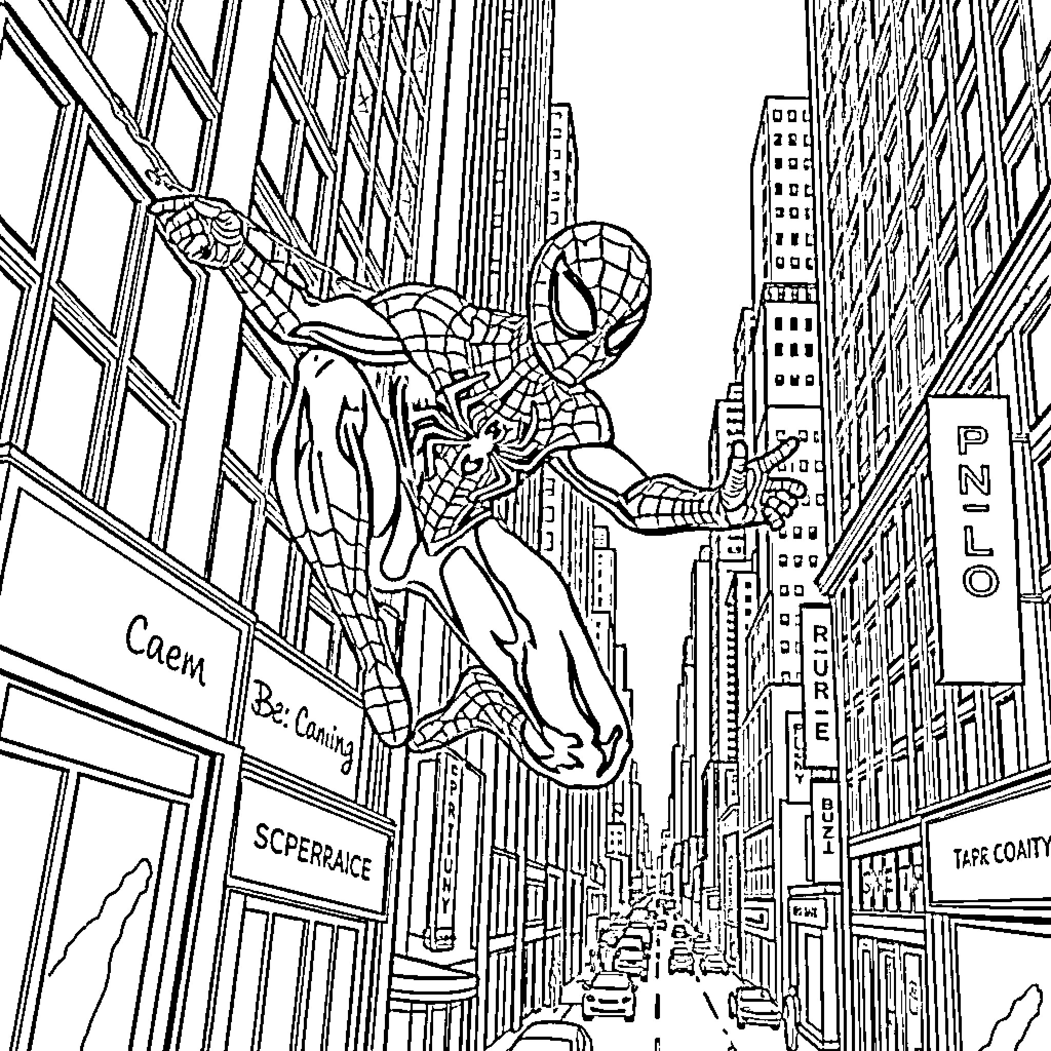 Spiderman swinging through a busy city street Coloring Page (free black-and-white line drawing printable PDF for all, from beginners to advanced learners, including children, teens, adults, and seniors)