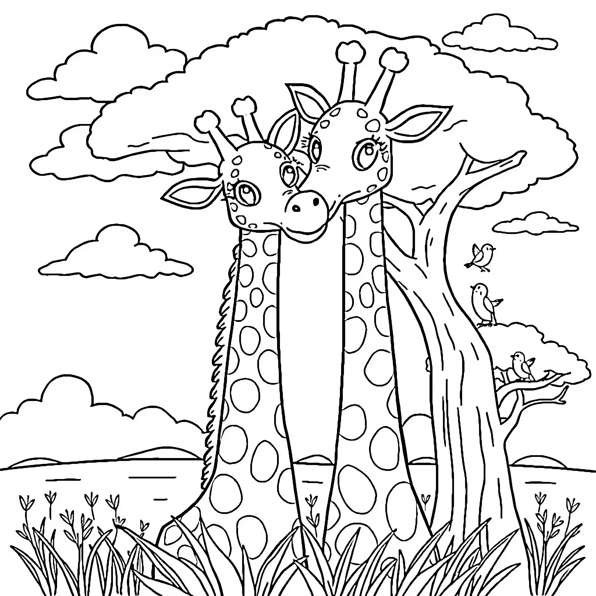 Giraffe friends enjoying the outdoors Coloring Page (free black-and-white line drawing printable PDF for all, from beginners to advanced learners, including children, teens, adults, and seniors)