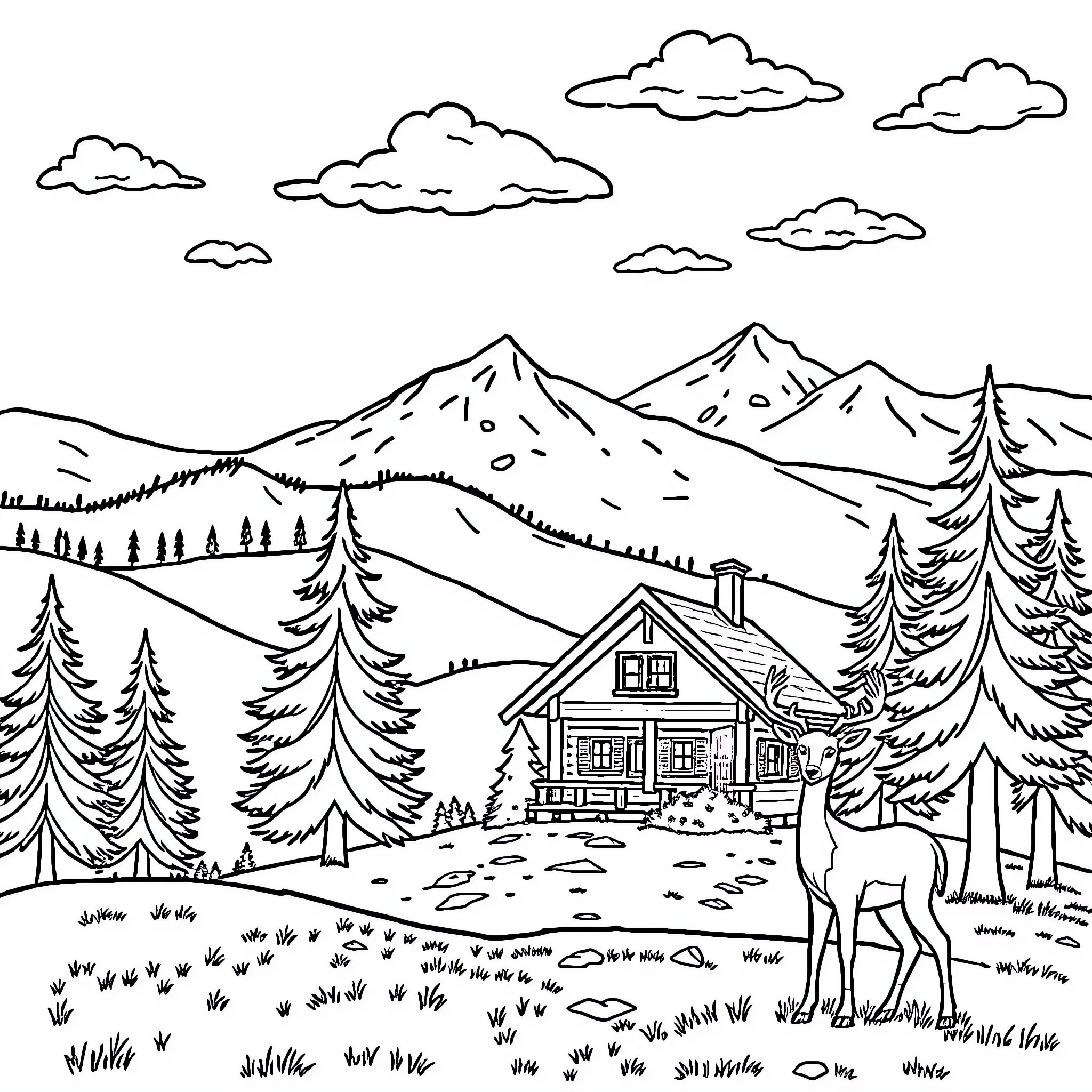 Deer in scenic mountain landscape Coloring Page (free black-and-white line drawing printable PDF for all, from beginners to advanced learners, including children, teens, adults, and seniors)