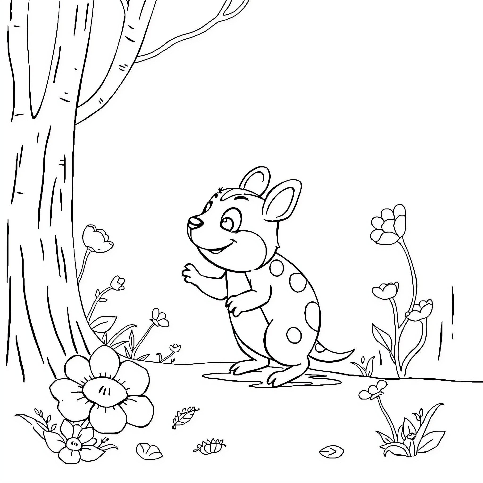 Raposa exploring the forest with flowers Coloring Page (free black-and-white line drawing printable PDF for all, from beginners to advanced learners, including children, teens, adults, and seniors)