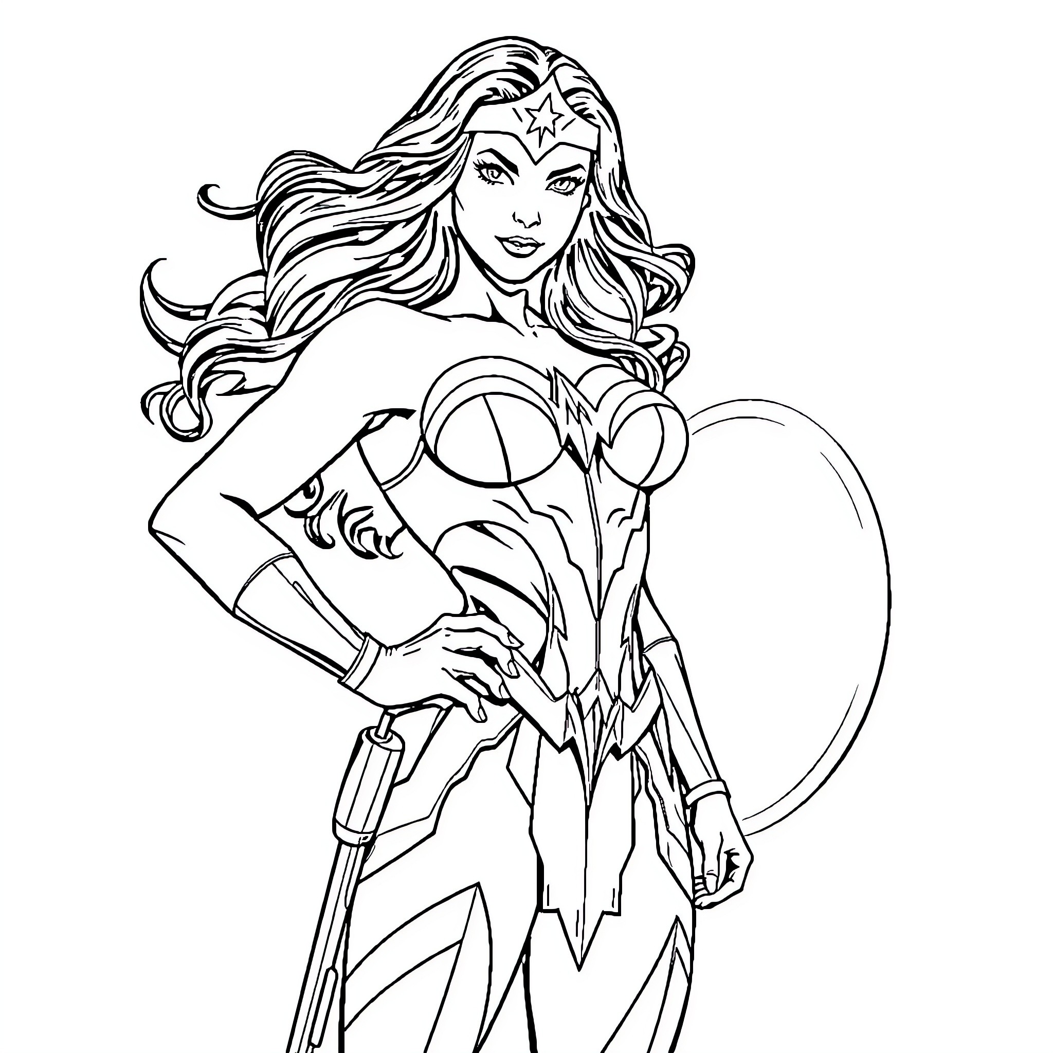 Wonderwoman posing confidently in heroic outfit Coloring Page (free black-and-white line drawing printable PDF for all, from beginners to advanced learners, including children, teens, adults, and seniors)