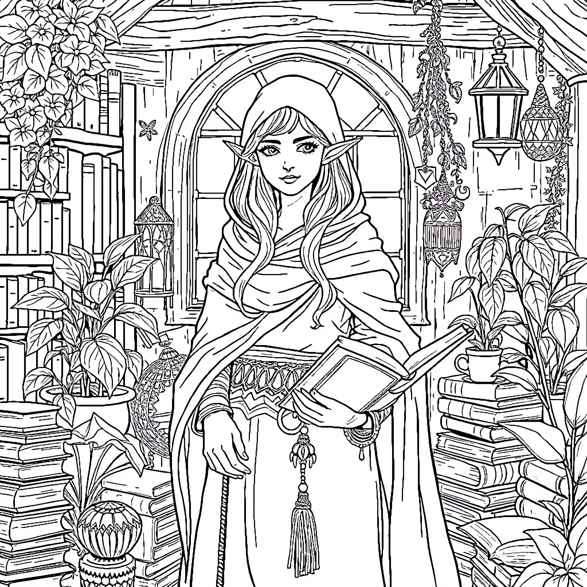 Half Elf Enchantress Reading in Cozy Library Coloring Page (free black-and-white line drawing printable PDF for all, from beginners to advanced learners, including children, teens, adults, and seniors)