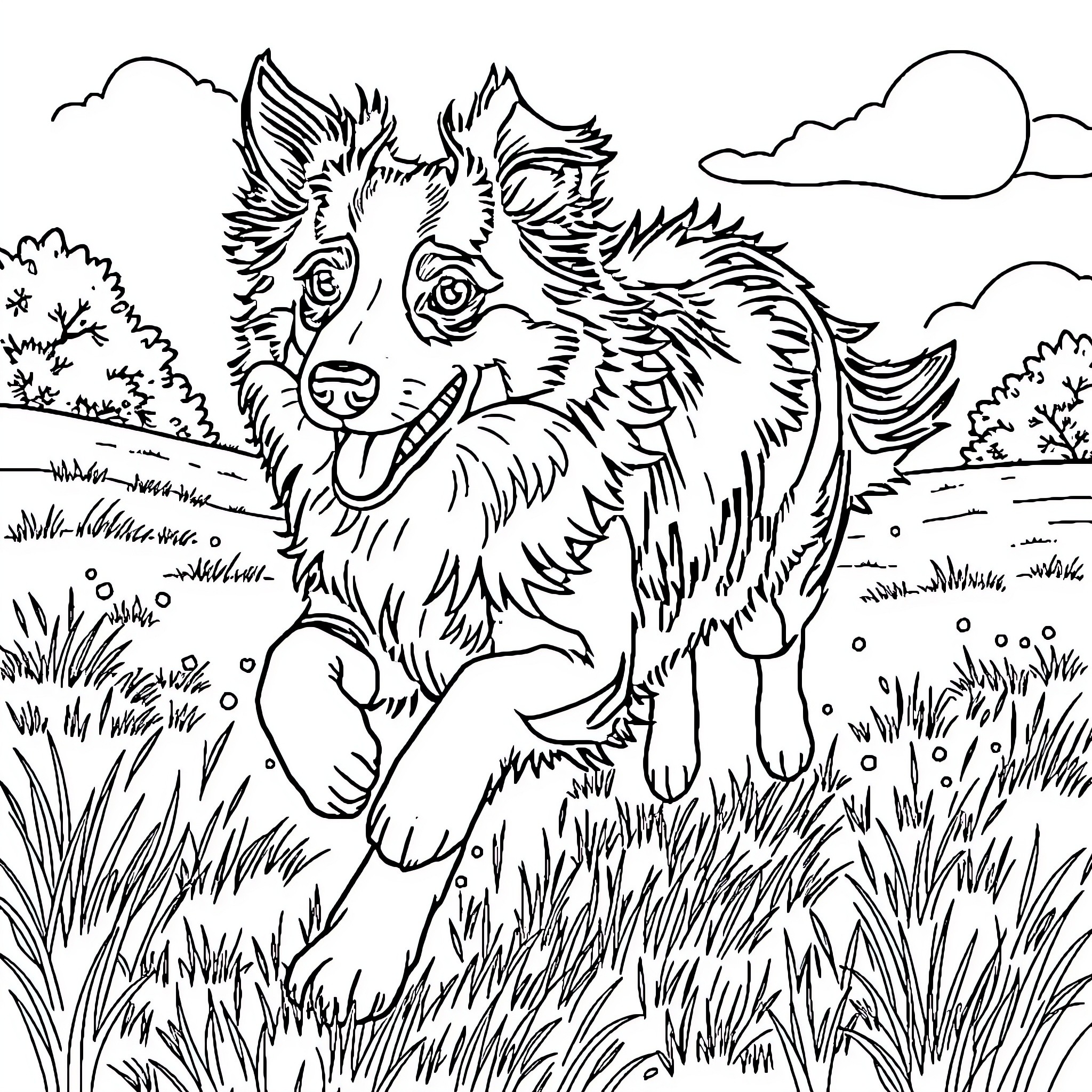 Border Collie Playing Happily in the Meadow Coloring Page (free black-and-white line drawing printable PDF for all, from beginners to advanced learners, including children, teens, adults, and seniors)
