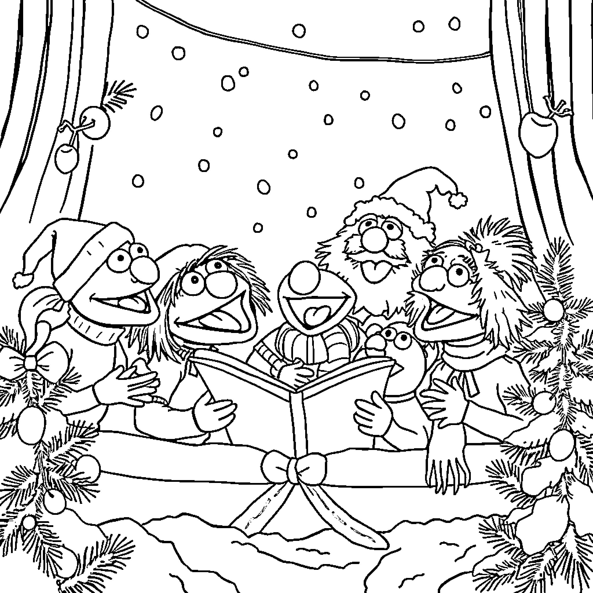 Muppets reading a book together during the holidays Coloring Page (free black-and-white line drawing printable PDF for all, from beginners to advanced learners, including children, teens, adults, and seniors)