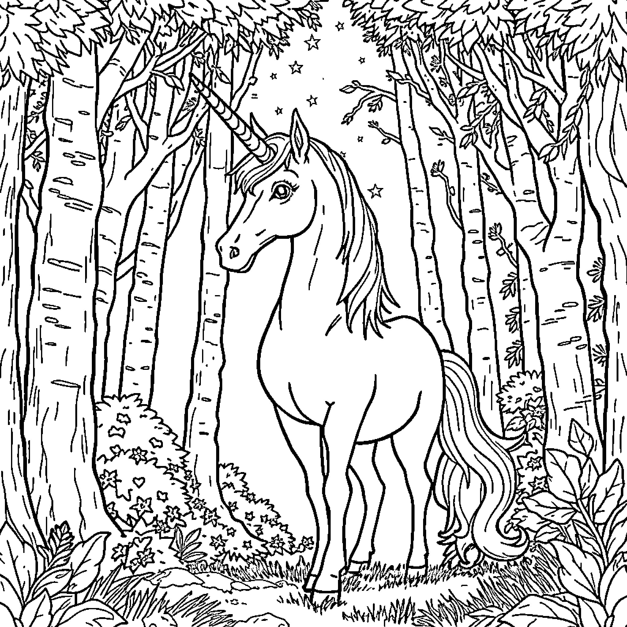 Unicorn Wandering Enchanted Forest at Night Coloring Page (free black-and-white line drawing printable PDF for all, from beginners to advanced learners, including children, teens, adults, and seniors)