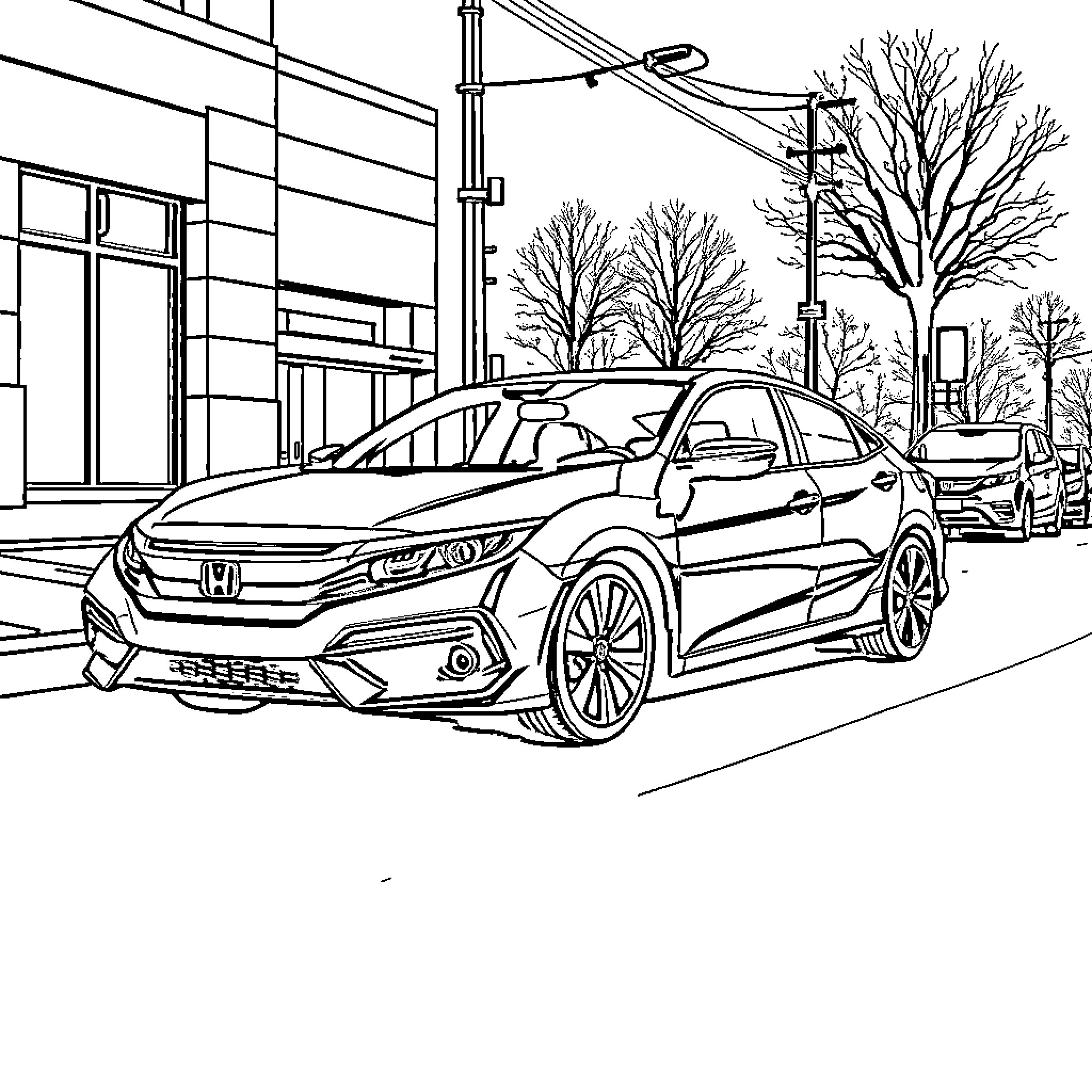 Honda Civic driving on urban street Coloring Page (free black-and-white line drawing printable PDF for all, from beginners to advanced learners, including children, teens, adults, and seniors)